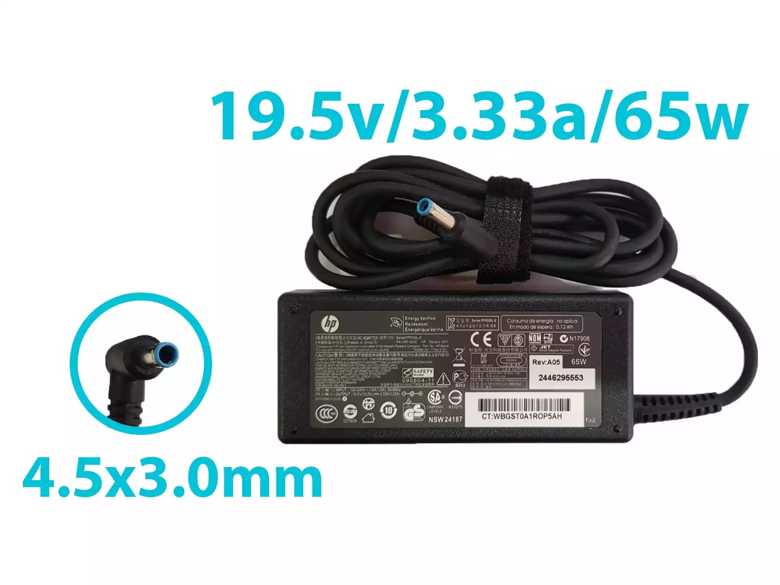 CARGADOR HP 19.5v/3.33a/65W/4.5x3.0mm PLUG AZUL *ORIGINAL* — imagen 1