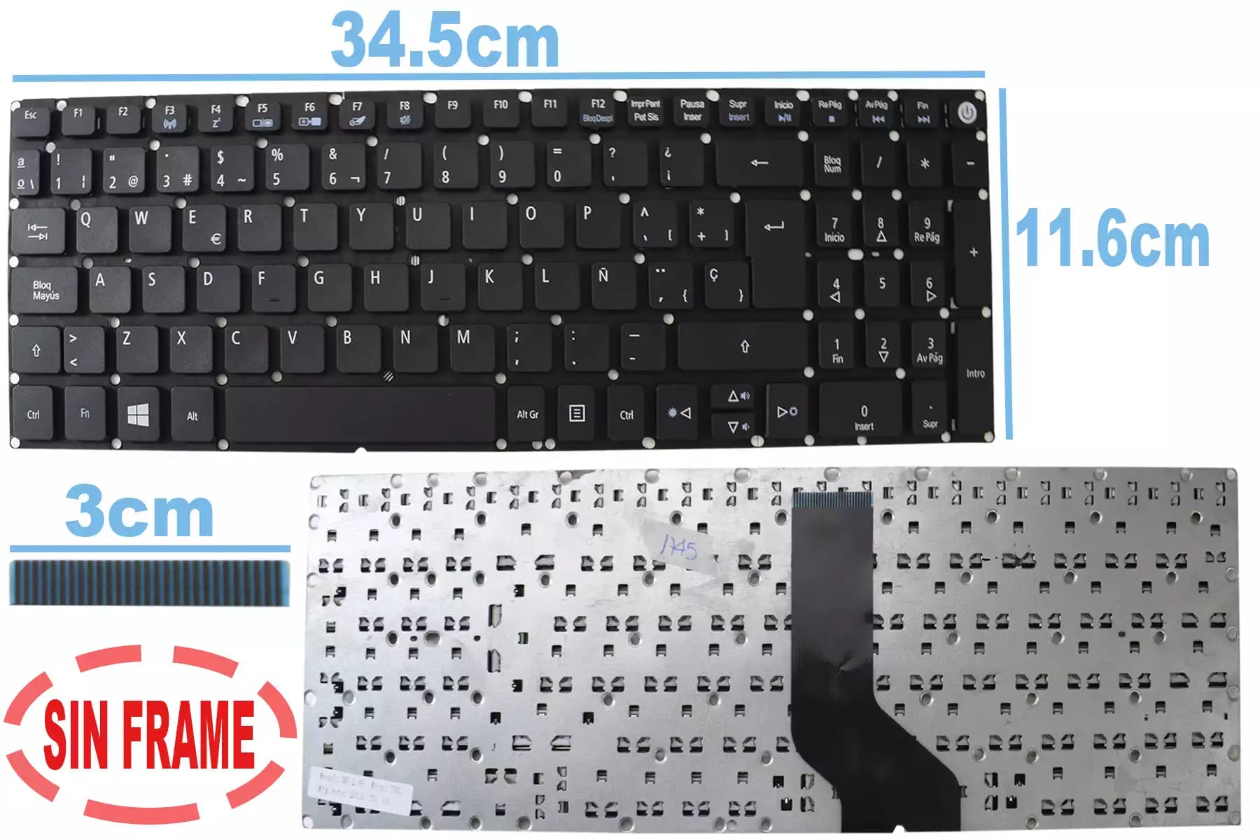 TECLADO ACER ES1-523 ES1-523G ES1-533 ES1-572 F5-521 SIN FRAME BOTTON POWER SP — imagen 1