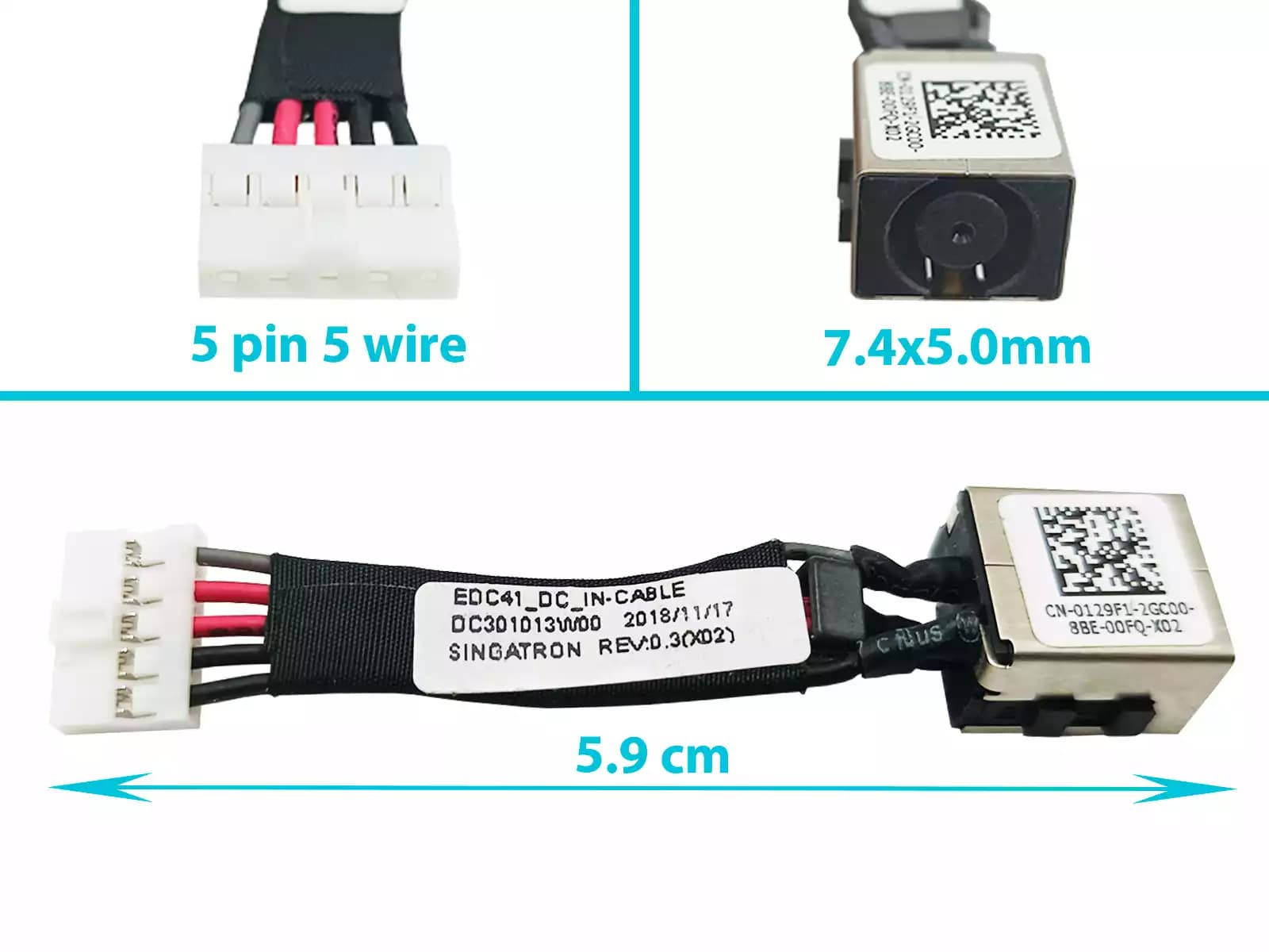 DC JACK DELL LATITUDE 5400 5401 5402 E5400 E5401 E5402 DC301013W00 129F1 0129F1 7.4x5.0mm CON CABLE — imagen 1
