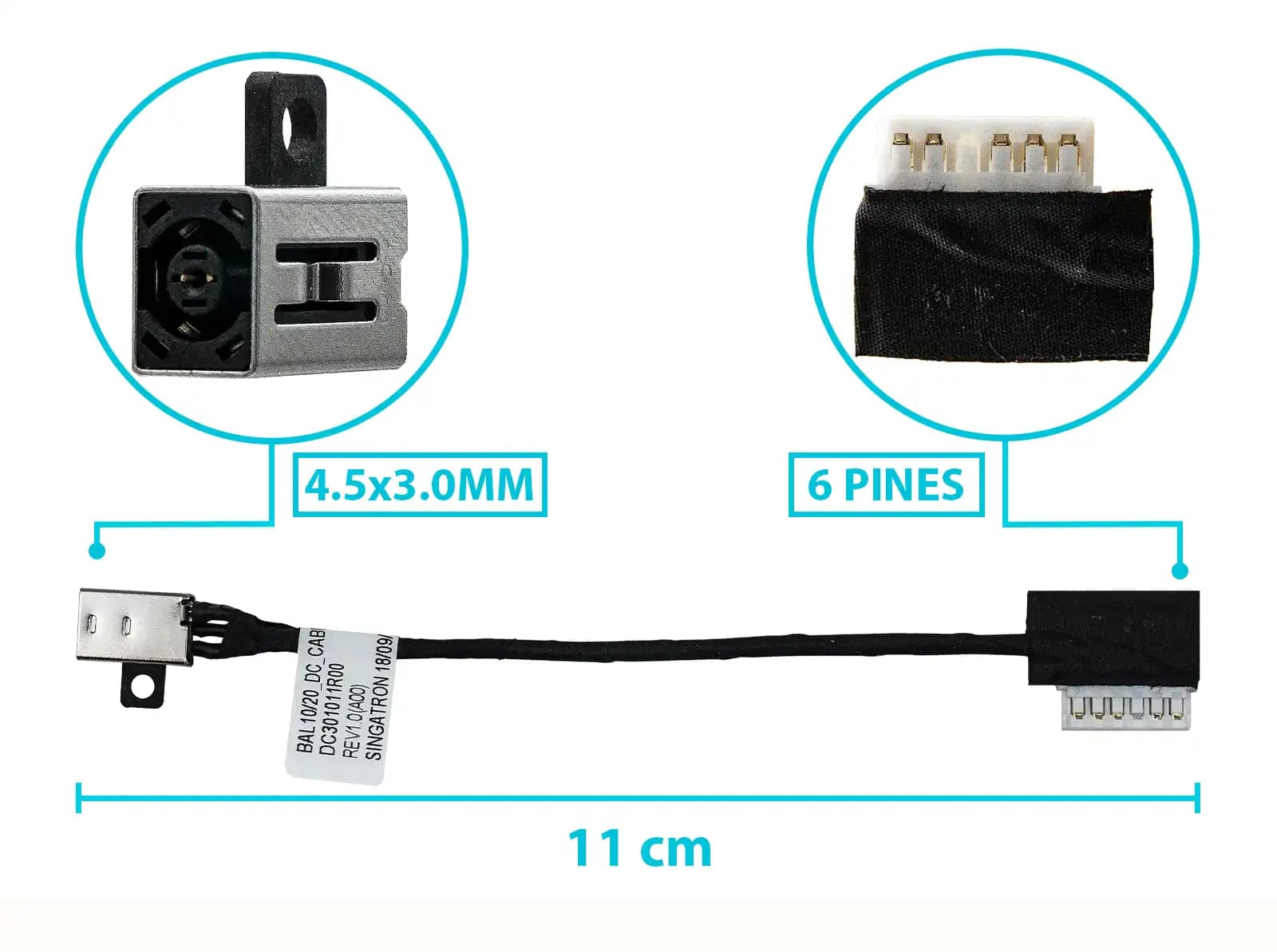 DC JACK DELL LATITUDE 3490 3590 E3490 E3590 228R6 DC301011R00 4.5x3.0mm CON CABLE LARGO 11 CM — imagen 1