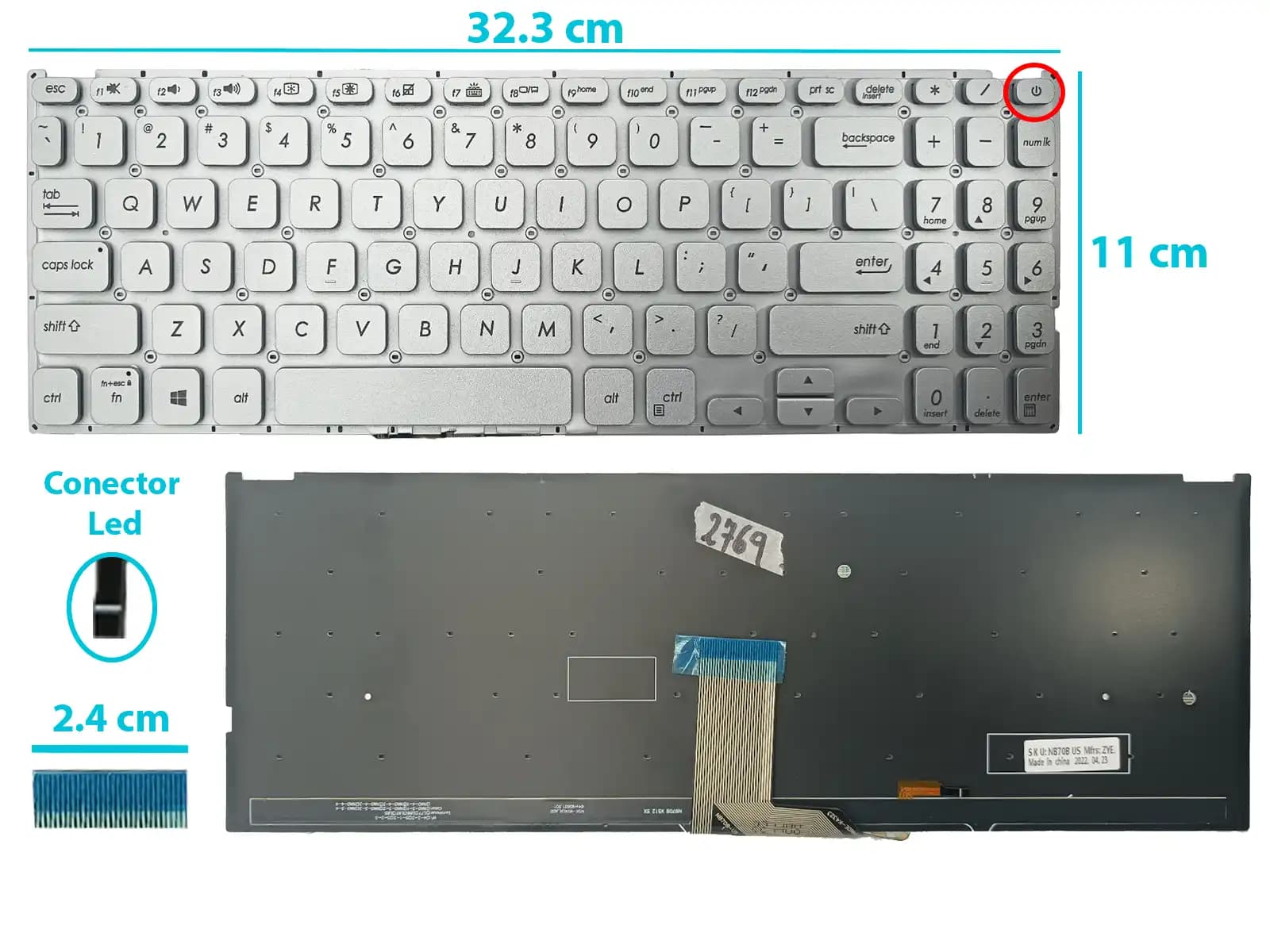 TECLADO ASUS X512 X512DA SILVER SIN FRAME BOTTON POWER US NUMÉRICO — imagen 1