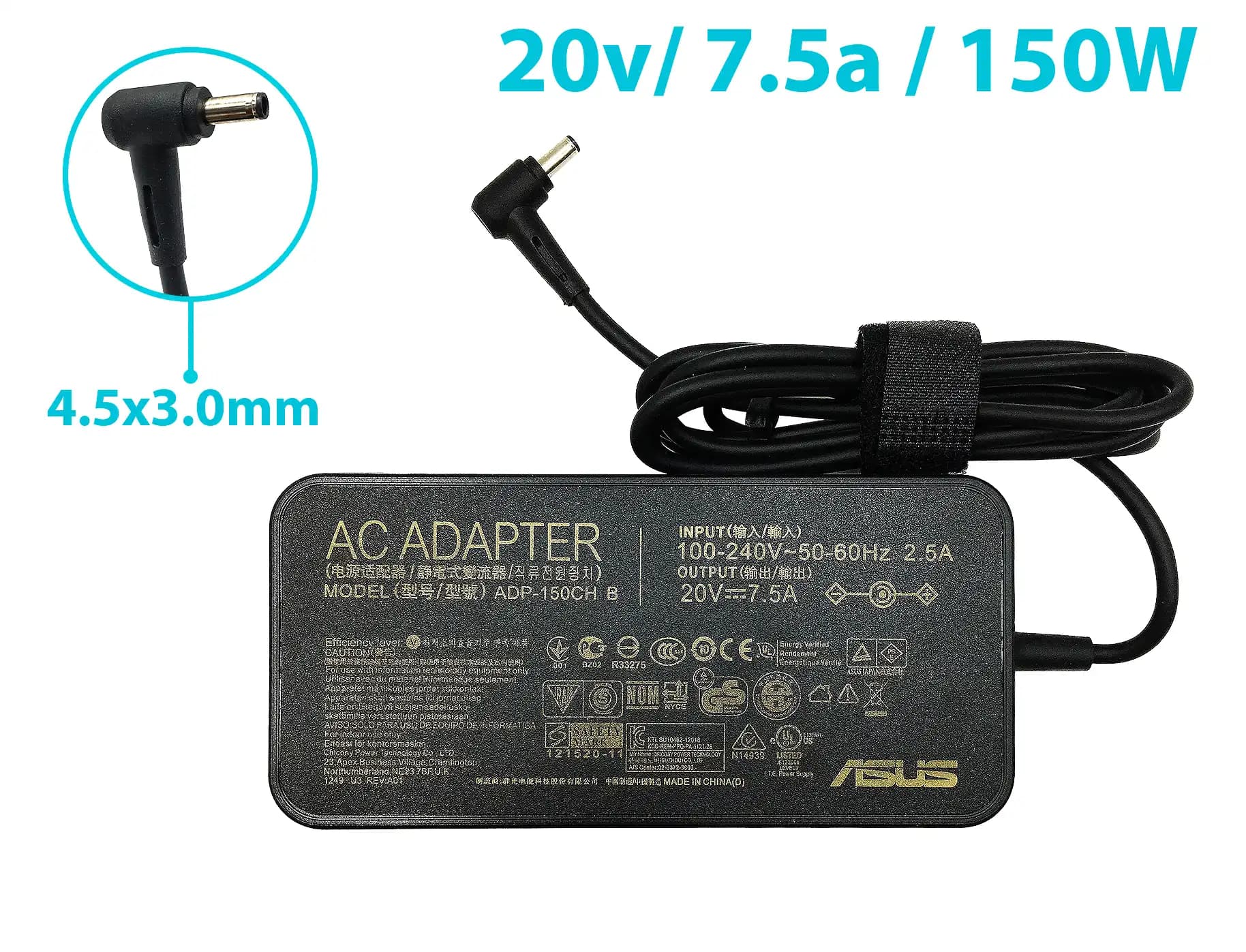 CARGADOR ASUS 20v/7.5a/150W/4.5x3.0mm PLUG NEGRO *ORIGINAL* — imagen 1