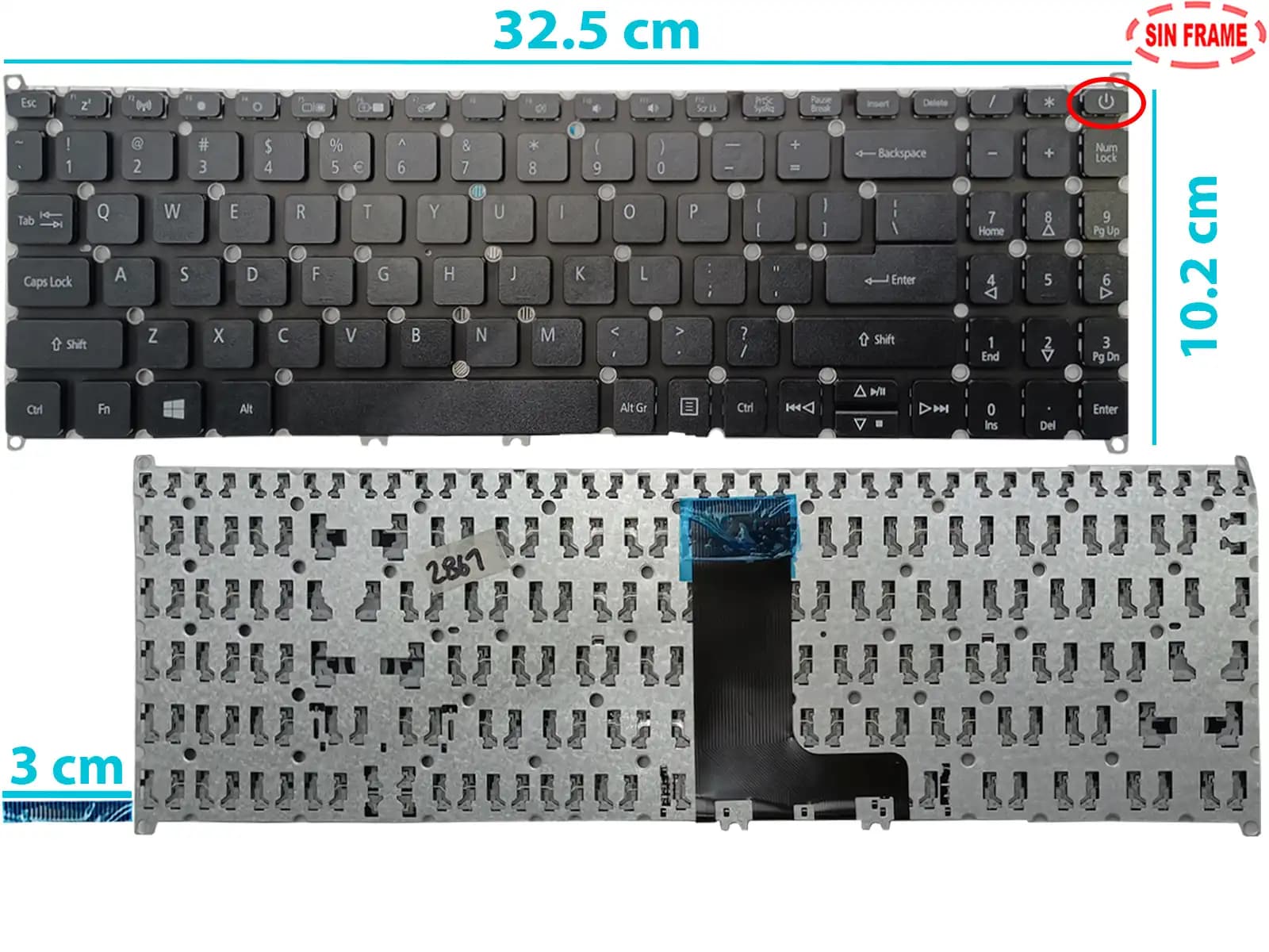 TECLADO ACER ASPIRE 5 A515-43 A515-52 A515-53 A515-54 A515-55 A315-22 A315-34 A315-42 A315-54 A315-55 A315-5-5 SIN FRAME BOTTON POWER US NUMÉRICO — imagen 1