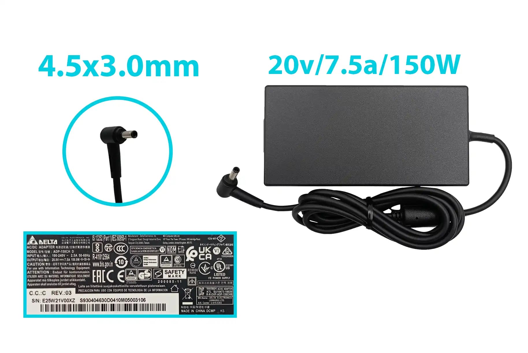 CARGADOR CHICONY DELTA 20v/7.5a/150W/4.5x3.0mm PLUG NEGRO *ORIGINAL* — imagen 1