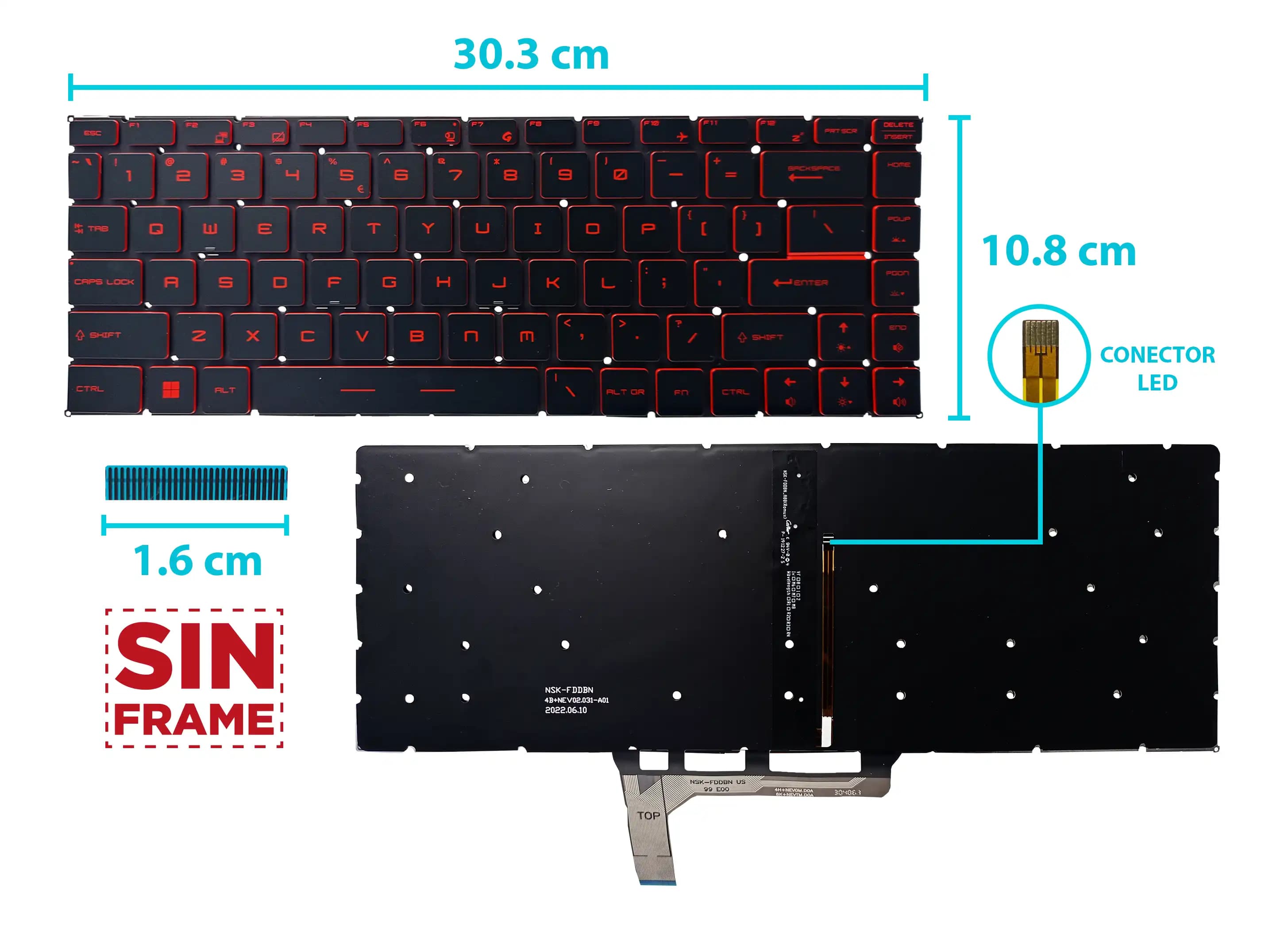 TECLADO MSI GF65 GF65 THIN 9SD 9SE 10SD 10SE MS-16W1MS-16W2 SIN FRAME CON BACKLIGTH ROJO US — imagen 1