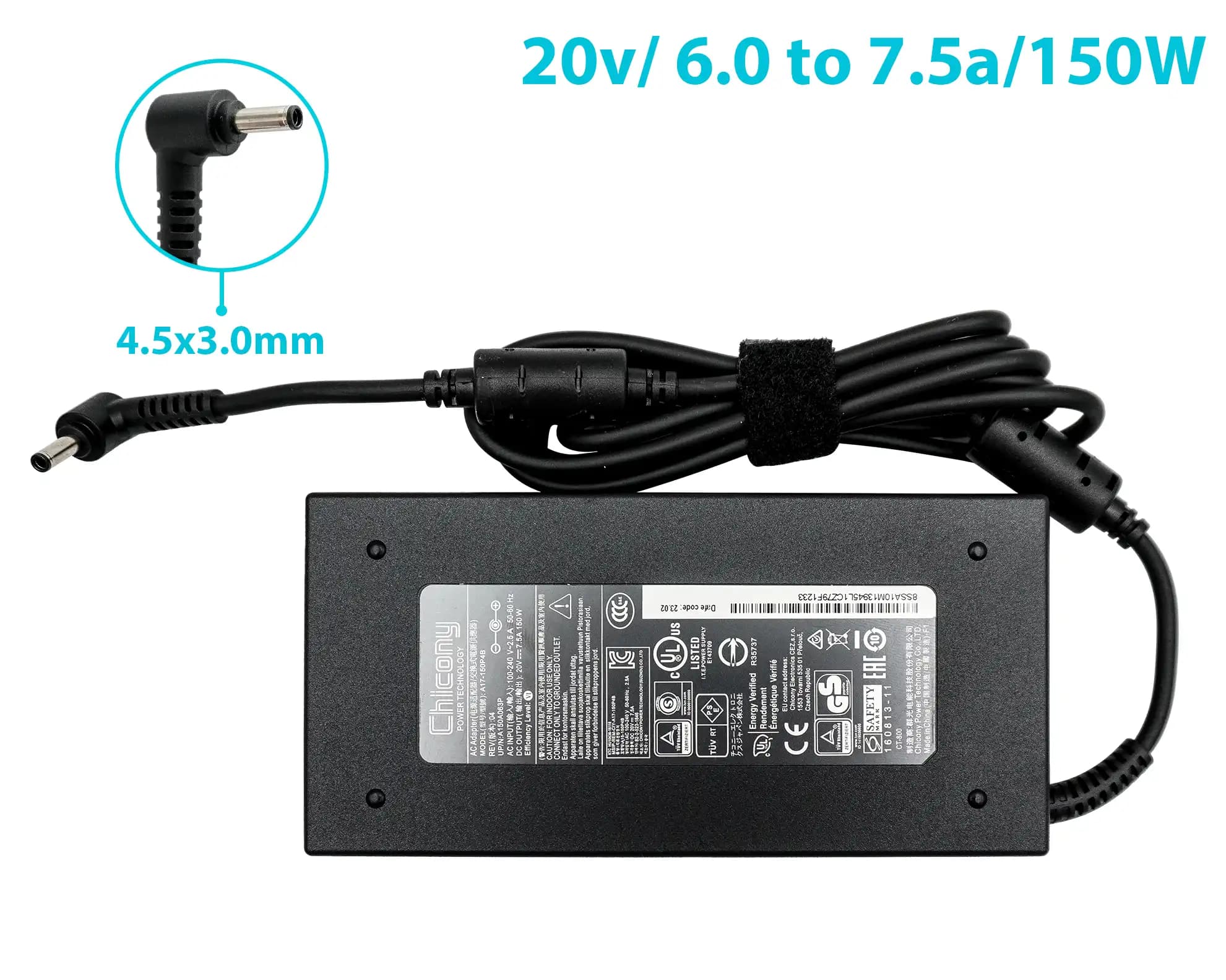 CARGADOR CHICONY DELTA MSI ASUS DELL LAPTOP GAMING 20v/ 6.0 to 7.5a/150W/4.5x2.9mm PLUG NEGRO *ORIGINAL* — imagen 1