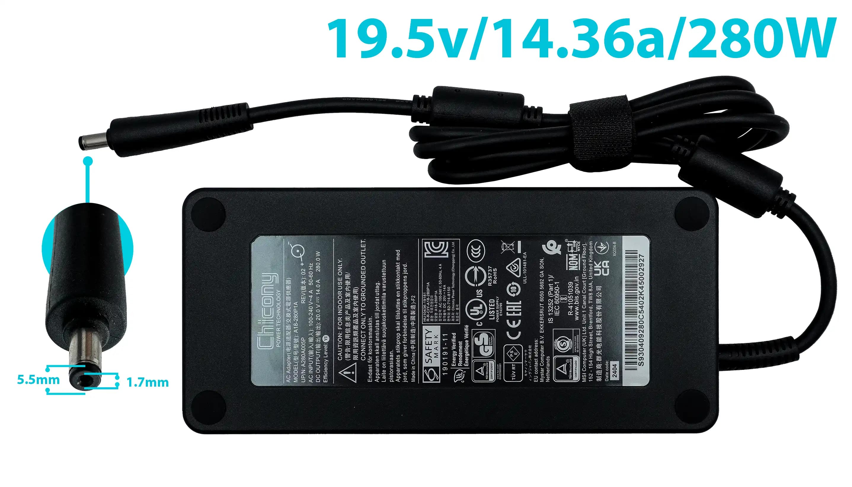 CARGADOR ACER 19.5v/14.36a/280W/5.5x1.7mm *ORIGINAL* — imagen 1