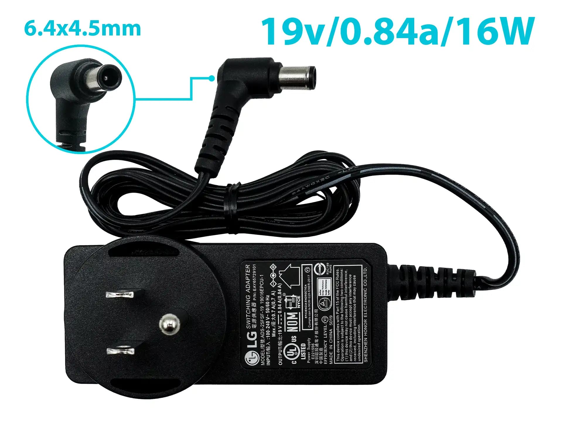 CARGADOR MONITOR LG 19v/0.84a/16W/6.4x4.5mm PING INSIDE *ORIGINAL* — imagen 1