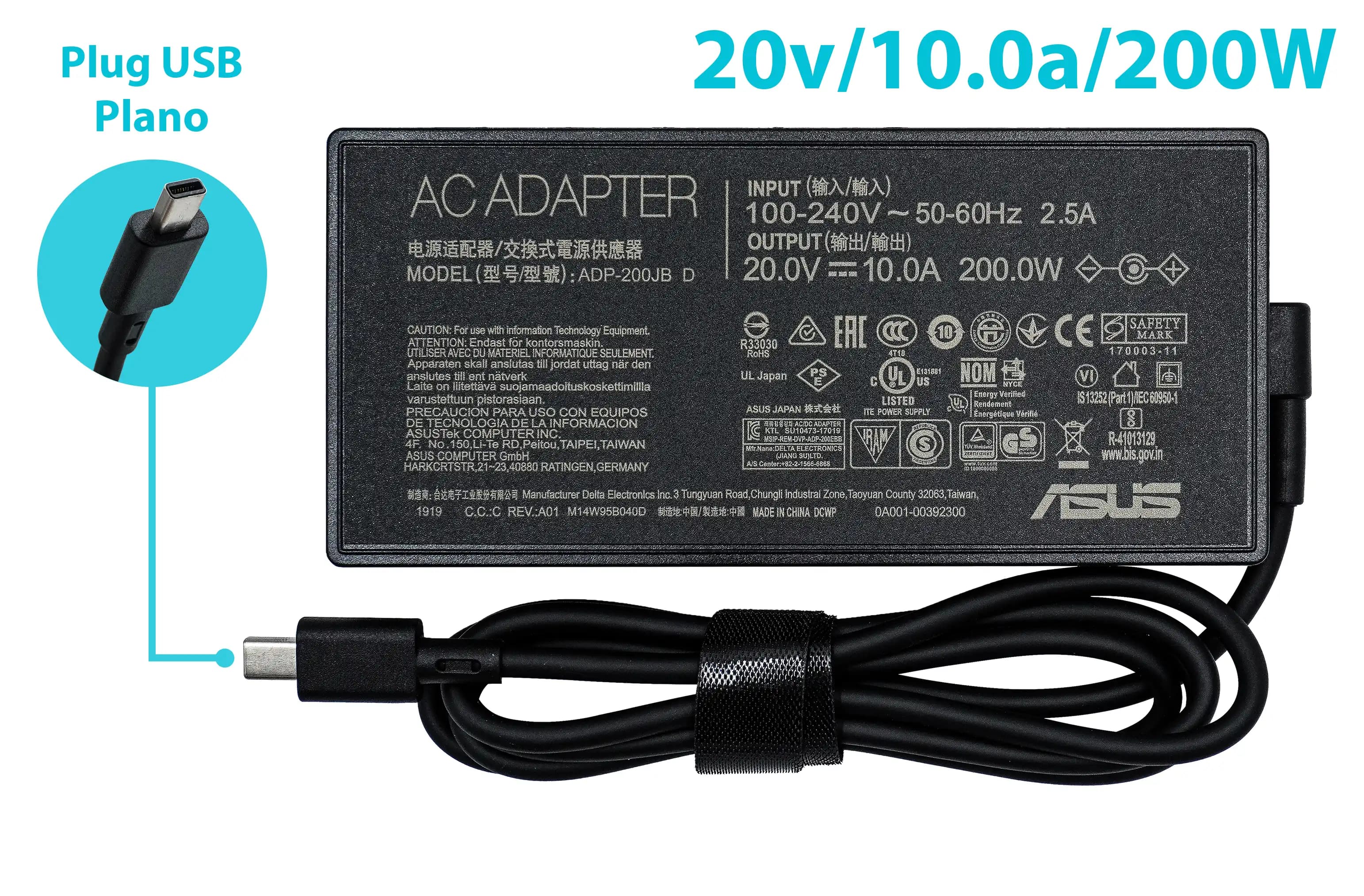 CARGADOR ASUS 20v/10.0a/200W/ PLUG USB PLANO *ORIGINAL* — imagen 1