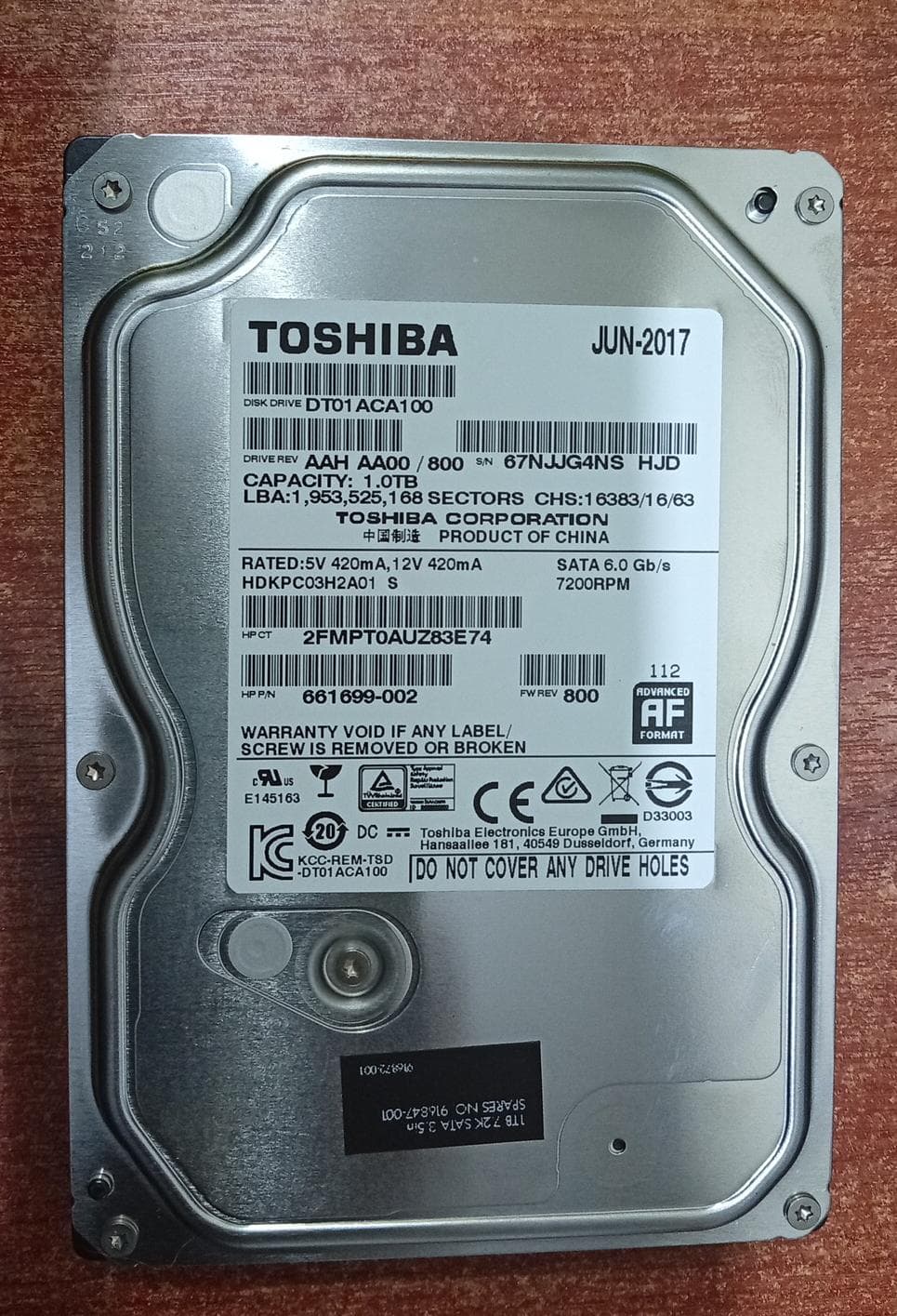 Disco Duro Toshiba DT01ACA100 1TB SATA III 7200RPM 3.5” Seminuevo para PC Desktop — imagen 1