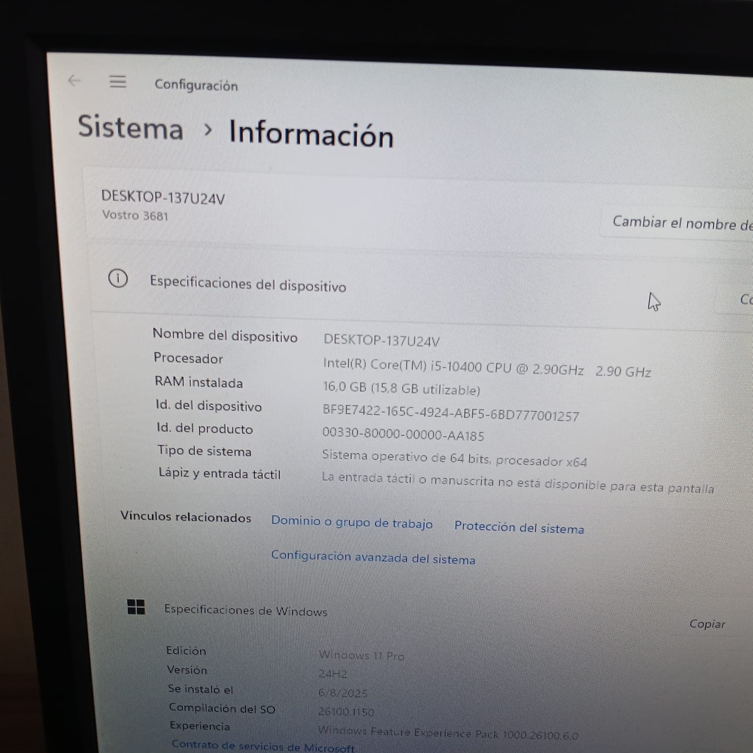 CPU Dell Vostro 3681 Intel Core i5-10400 16GB RAM SSD 500GB Windows 11 Pro / Usado — imagen 5