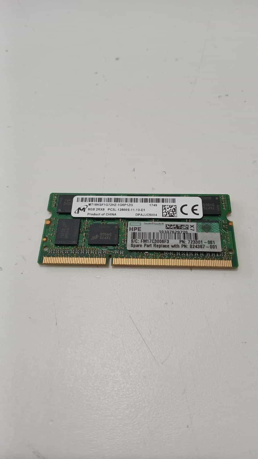 Memoria RAM HPE 8GB 2RX8 PC3L-12800S ECC SODIMM 723301-081 Pull Tested