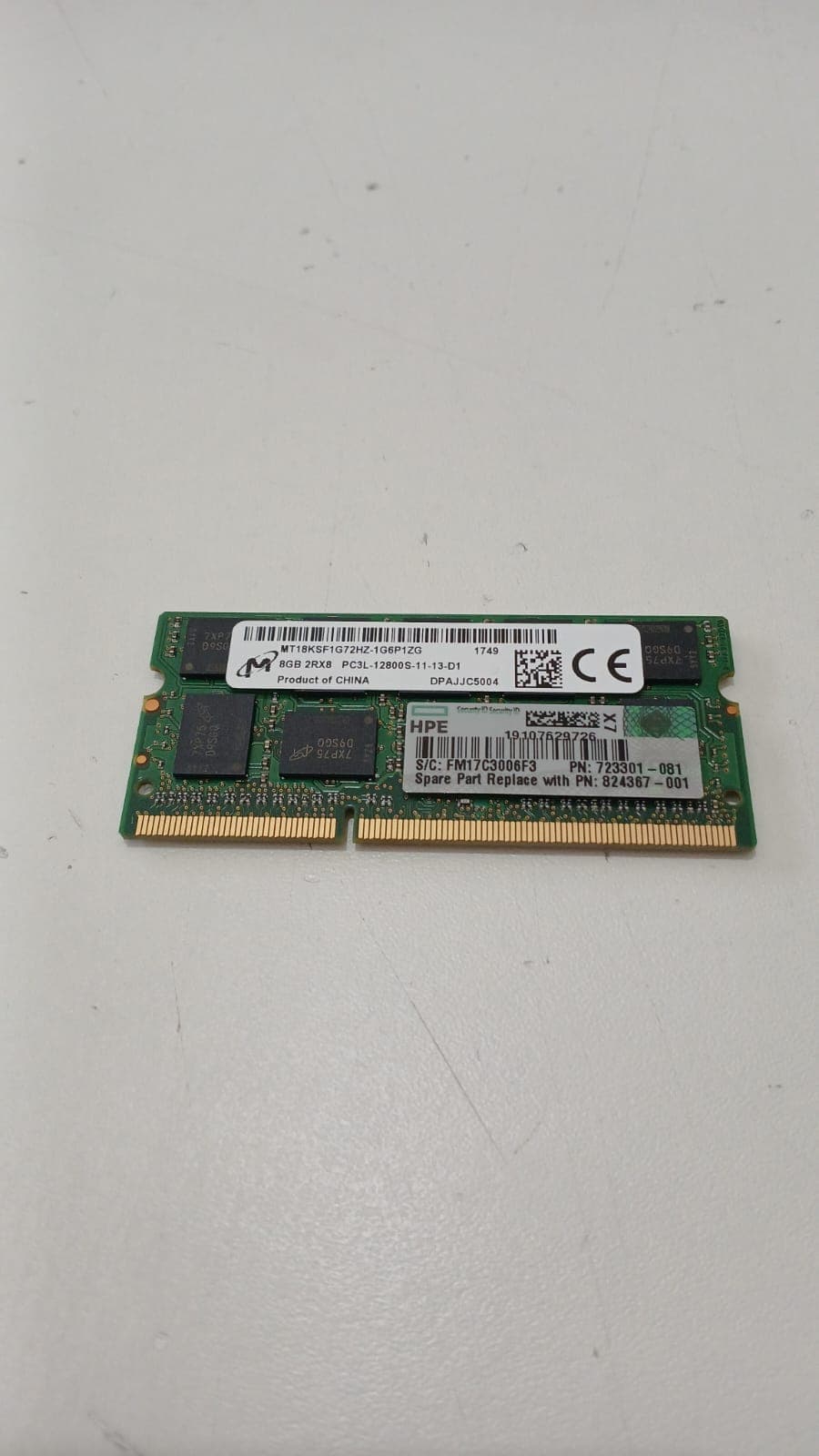 Memoria RAM HPE 8GB 2RX8 PC3L-12800S ECC SODIMM 723301-081 Pull Tested — imagen 1