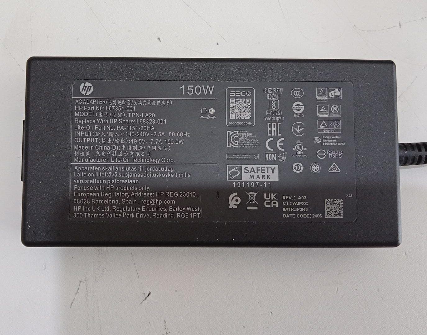 Cargador Original HP 150W 19.5V 7.7A TPN-LA20 L67851-001 Punta 4.5x3.0mm con Pin / Usado — imagen 2