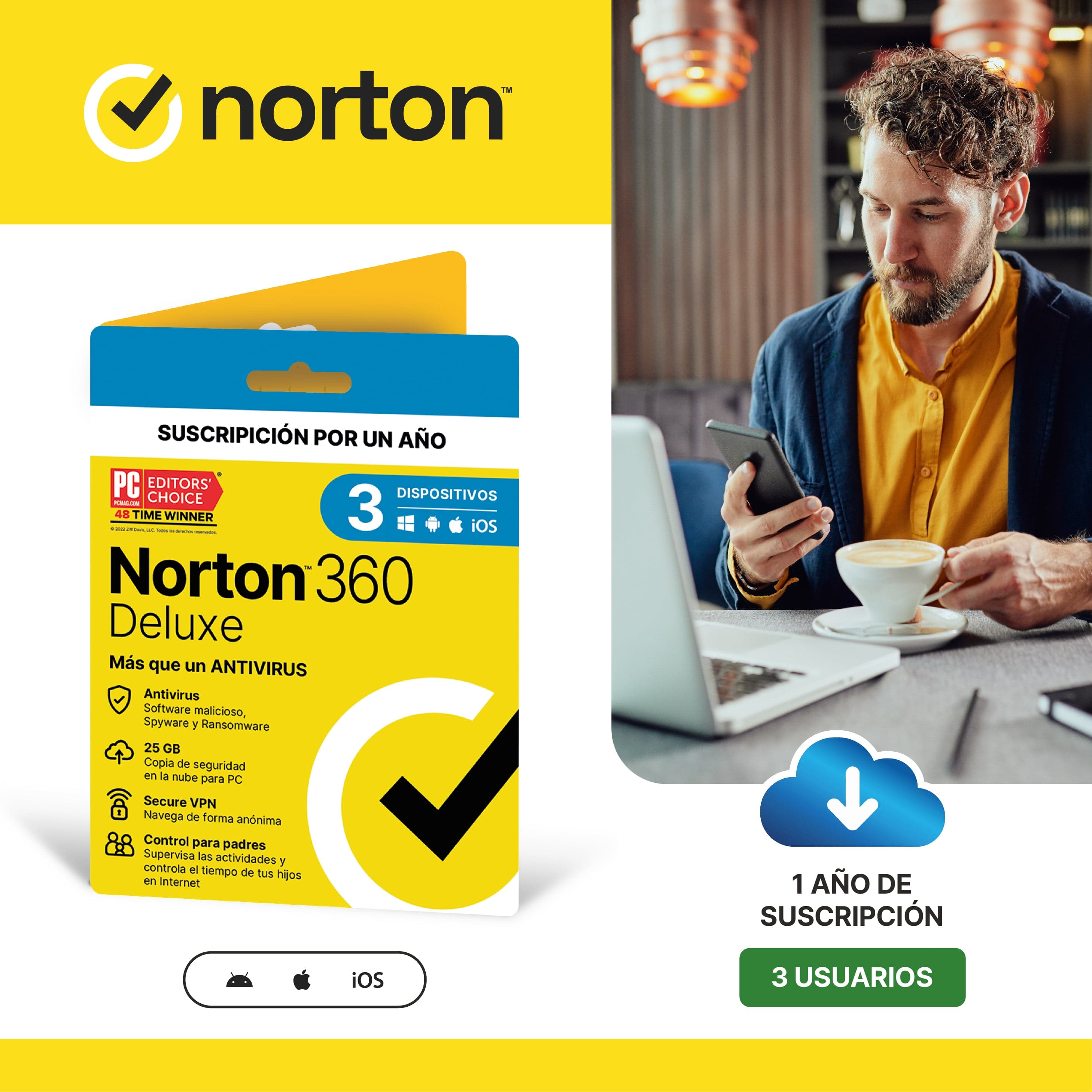 NORTON 360 DELUXE 3 DISPOSITIVOS PC CLOUD 25 GB VPN ILIMITADA PC SAFEC — imagen 2