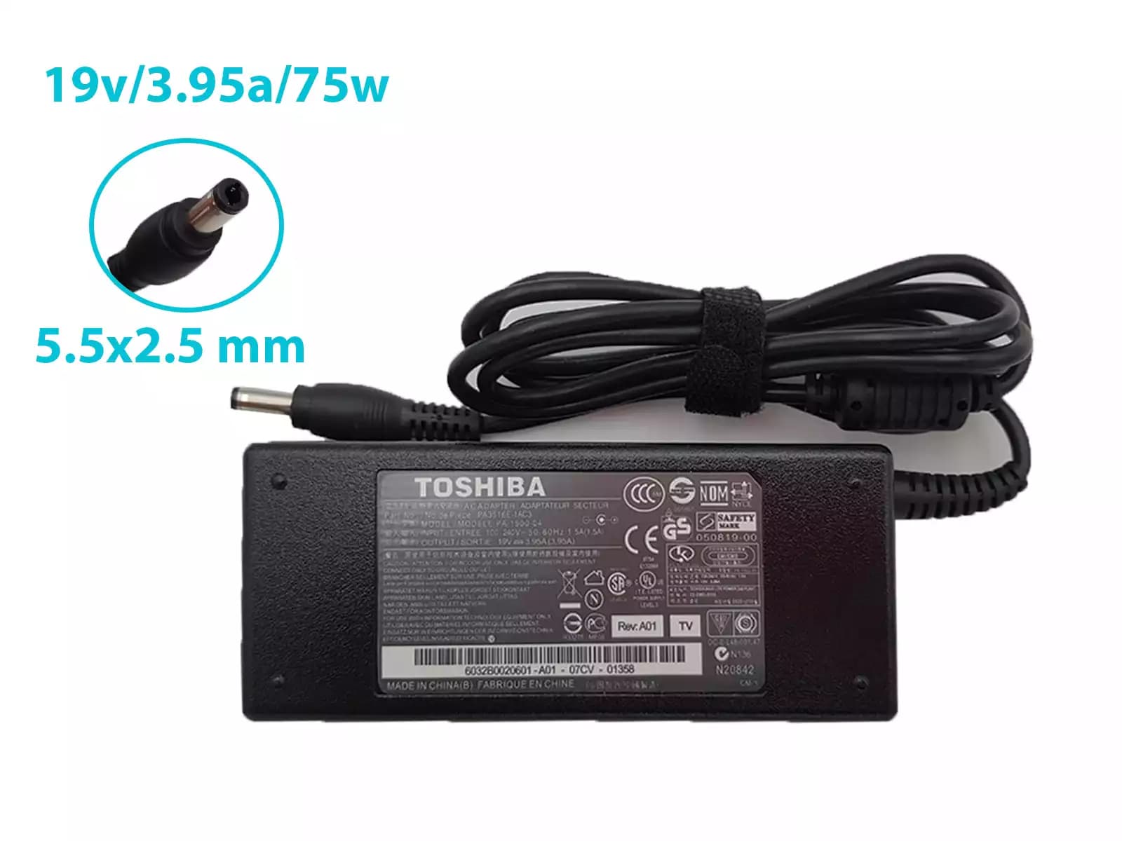CARGADOR TOSHIBA 19v/3.95a/75W/5.5x2.5mm PLUG NEGRO *HC* — imagen 1
