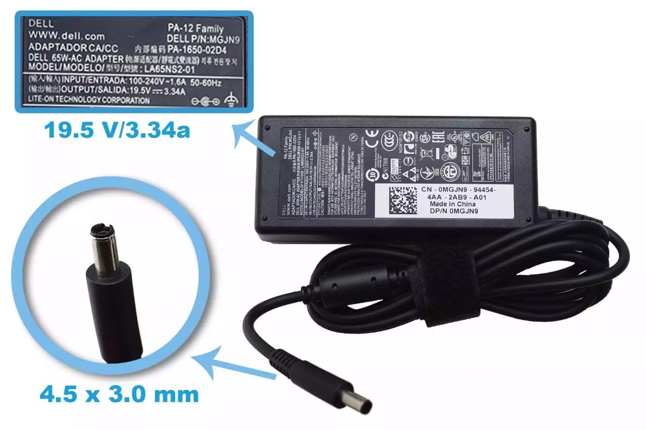 CARGADOR DELL 19.5v/3.34a/65W/4.5x3.0 mm PLUG AGUJA MINI *HC* — imagen 1
