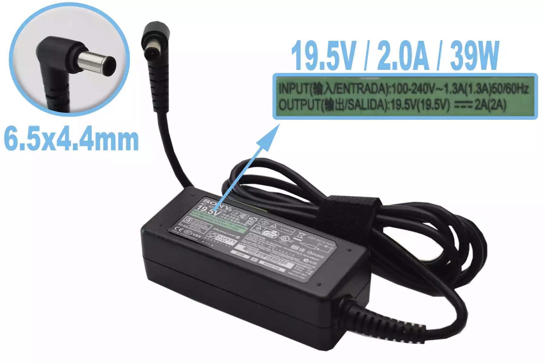CARGADOR SONY 19.5v/2.0a/39w/6.5x4.4mm PLUG AMARILLO *HC* — imagen 1