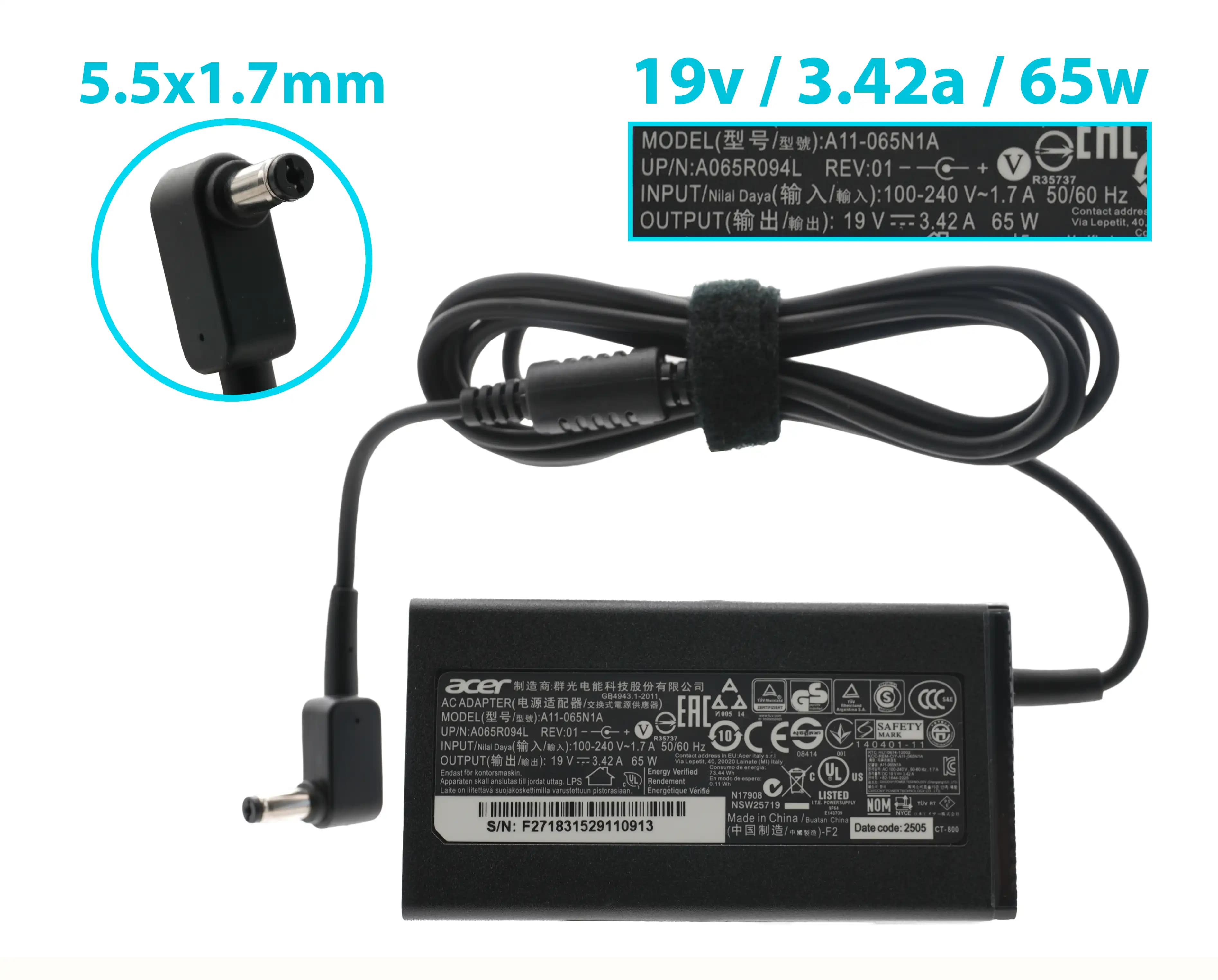 CARGADOR ACER 19v/3.42a/65W/5.5x1.7mm PLUG AMARILLO *ORIGINAL* — imagen 1