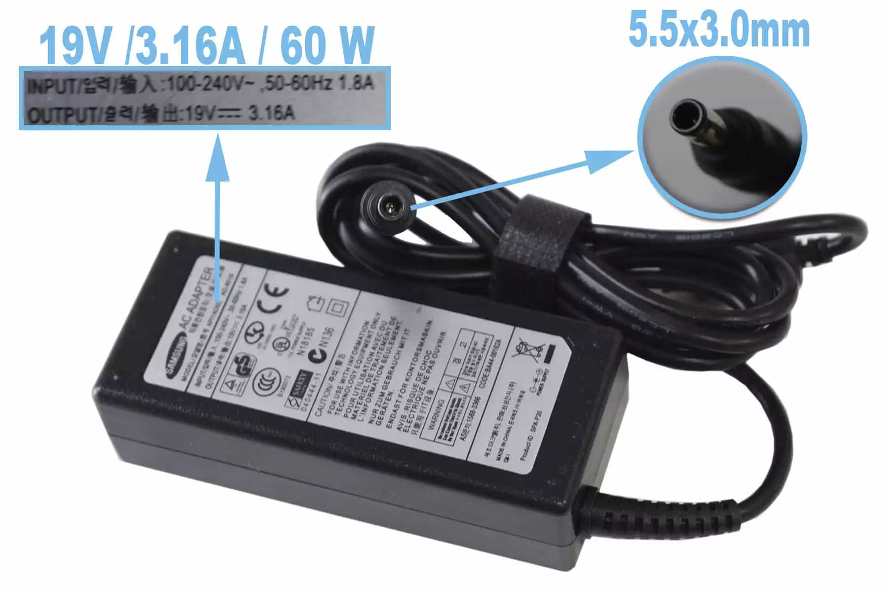 CARGADOR SAMSUNG 19v/3.16a/60W/5.5x3.0mm PLUG NEGRO *HC*