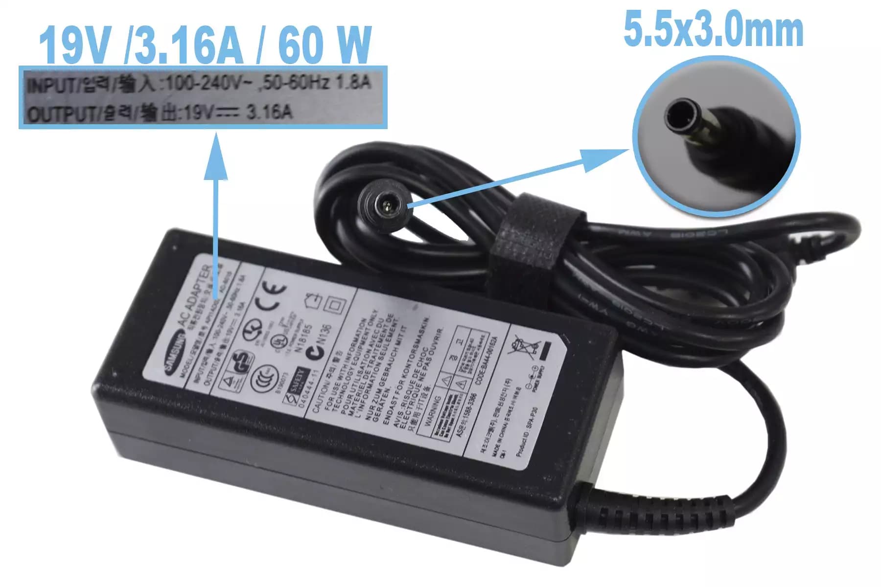 CARGADOR SAMSUNG 19v/3.16a/60W/5.5x3.0mm PLUG NEGRO *HC* — imagen 1