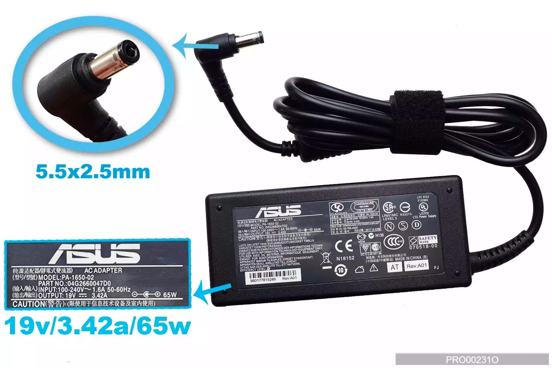 CARGADOR ASUS 19v/3.42a/65W/5.5x2.5mm PLUG NEGRO *HC*