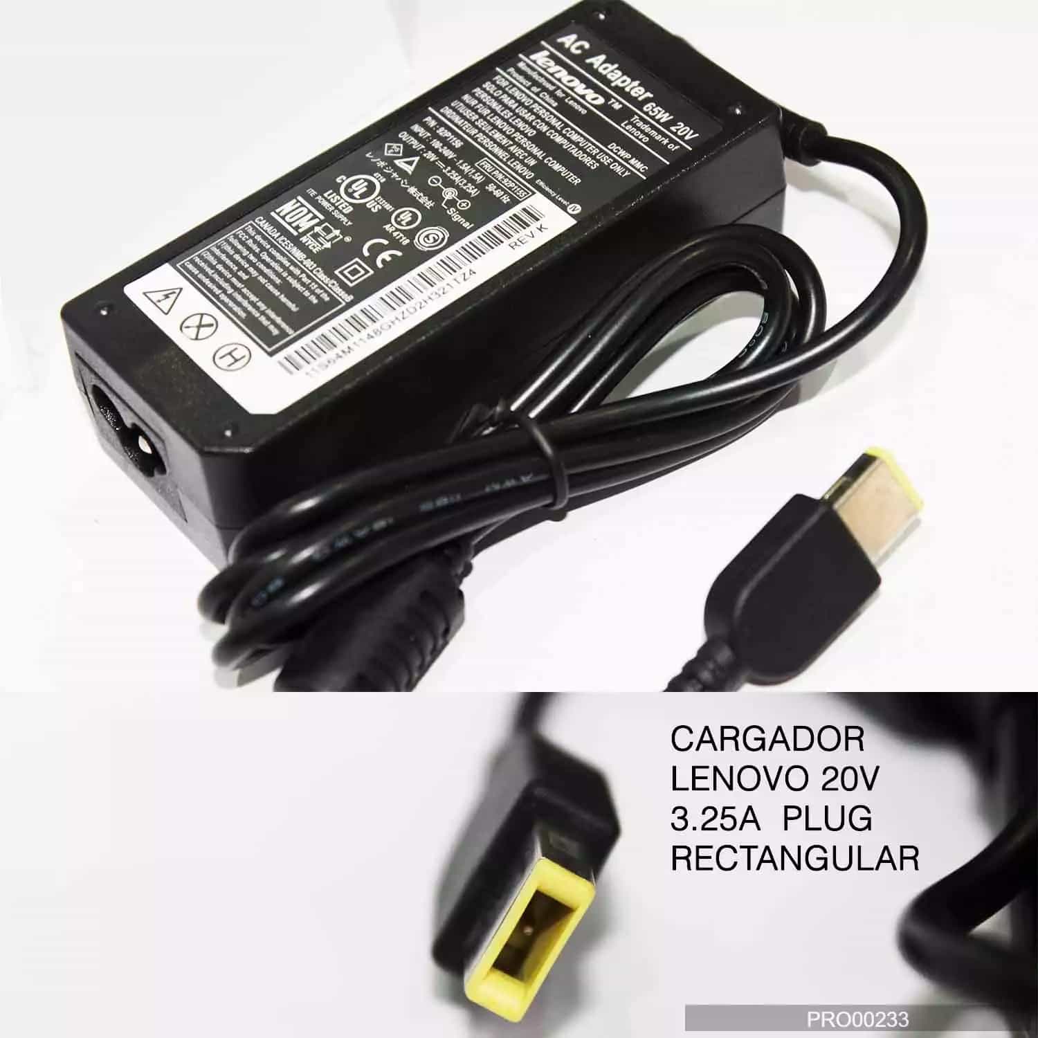 CARGADOR LENOVO 20v/3.25a/65W PLUG RECTANGULAR *ORIGINAL*