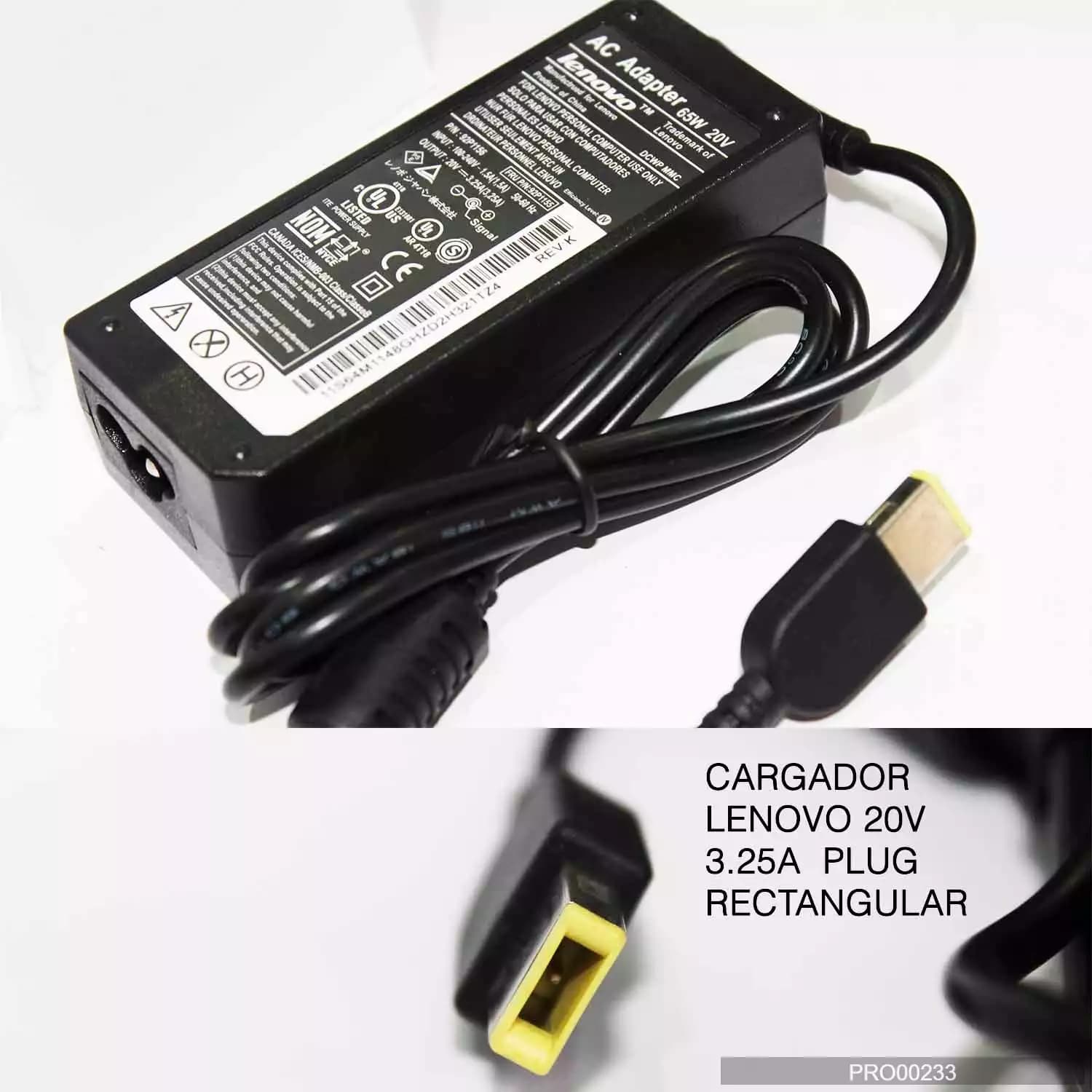 CARGADOR LENOVO 20v/3.25a/65W PLUG RECTANGULAR *ORIGINAL*