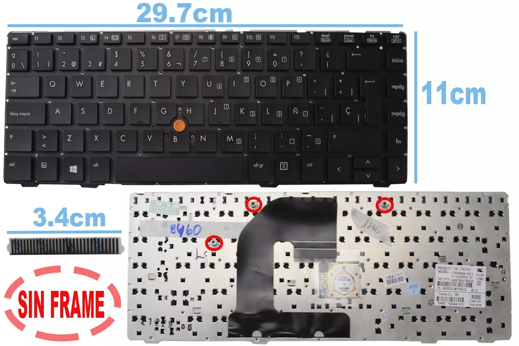 TECLADO HP 8460P SIN FRAME CON POINTER LA — imagen 1