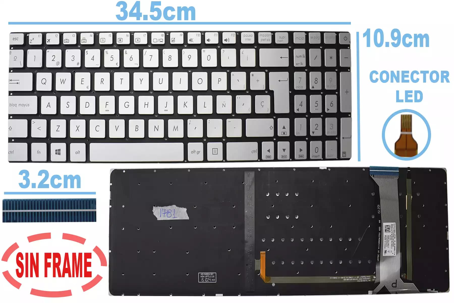 TECLADO ASUS N551 N551J PLATA SIN FRAME CON BACKLIGTH SP — imagen 1