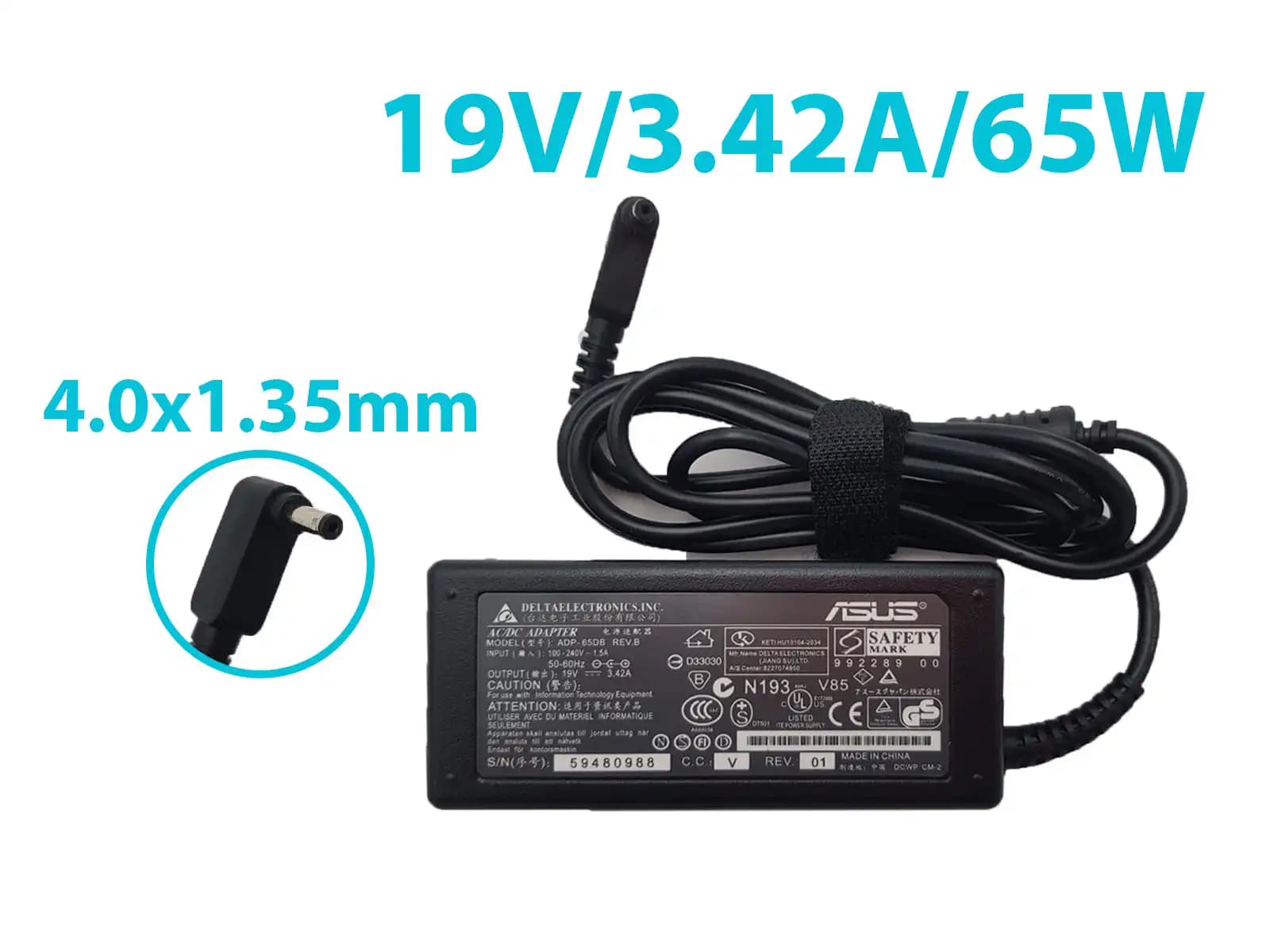CARGADOR ASUS 19v/3.42a/65W/4.0x1.35mm PLUG NEGRO TIPO PARED *HC* — imagen 1