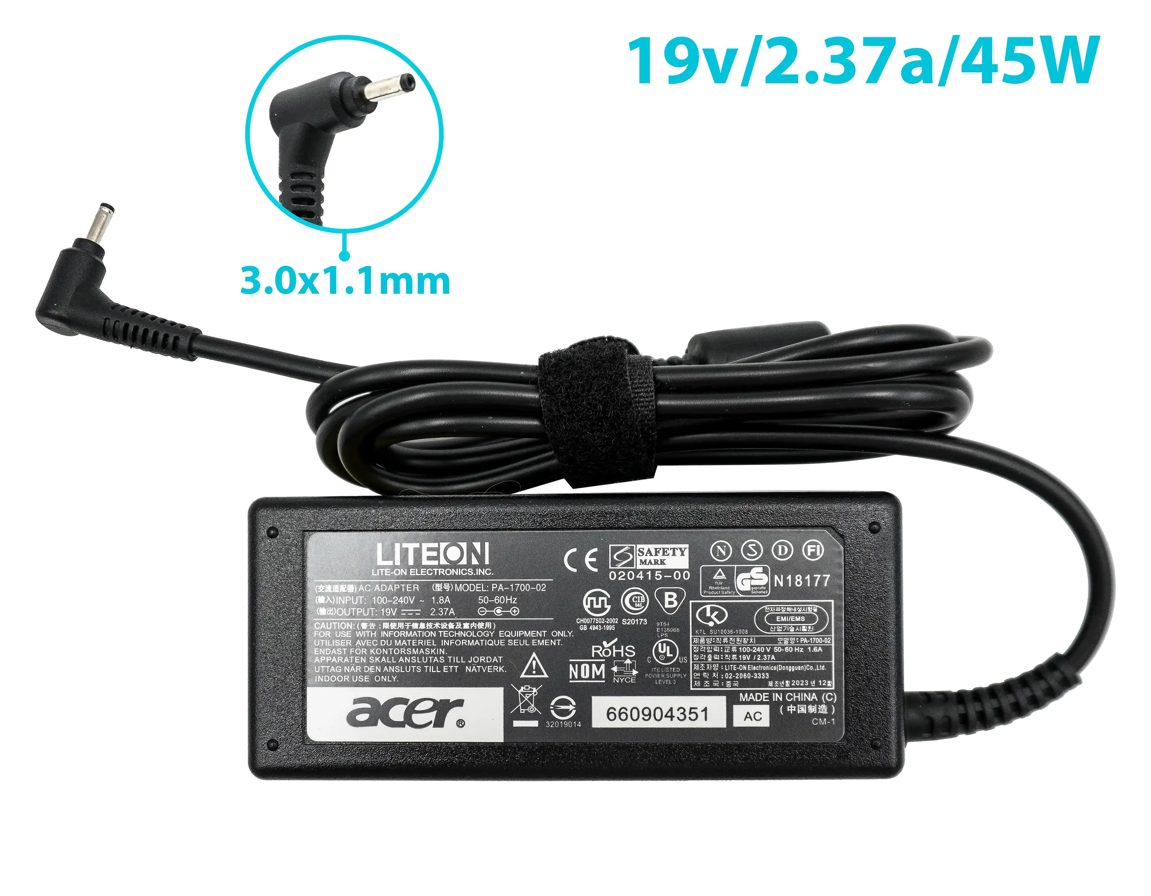 CARGADOR ACER 19v/2.37a/45W/3.0x1.1mm PLUG NEGRO *HC* — imagen 1