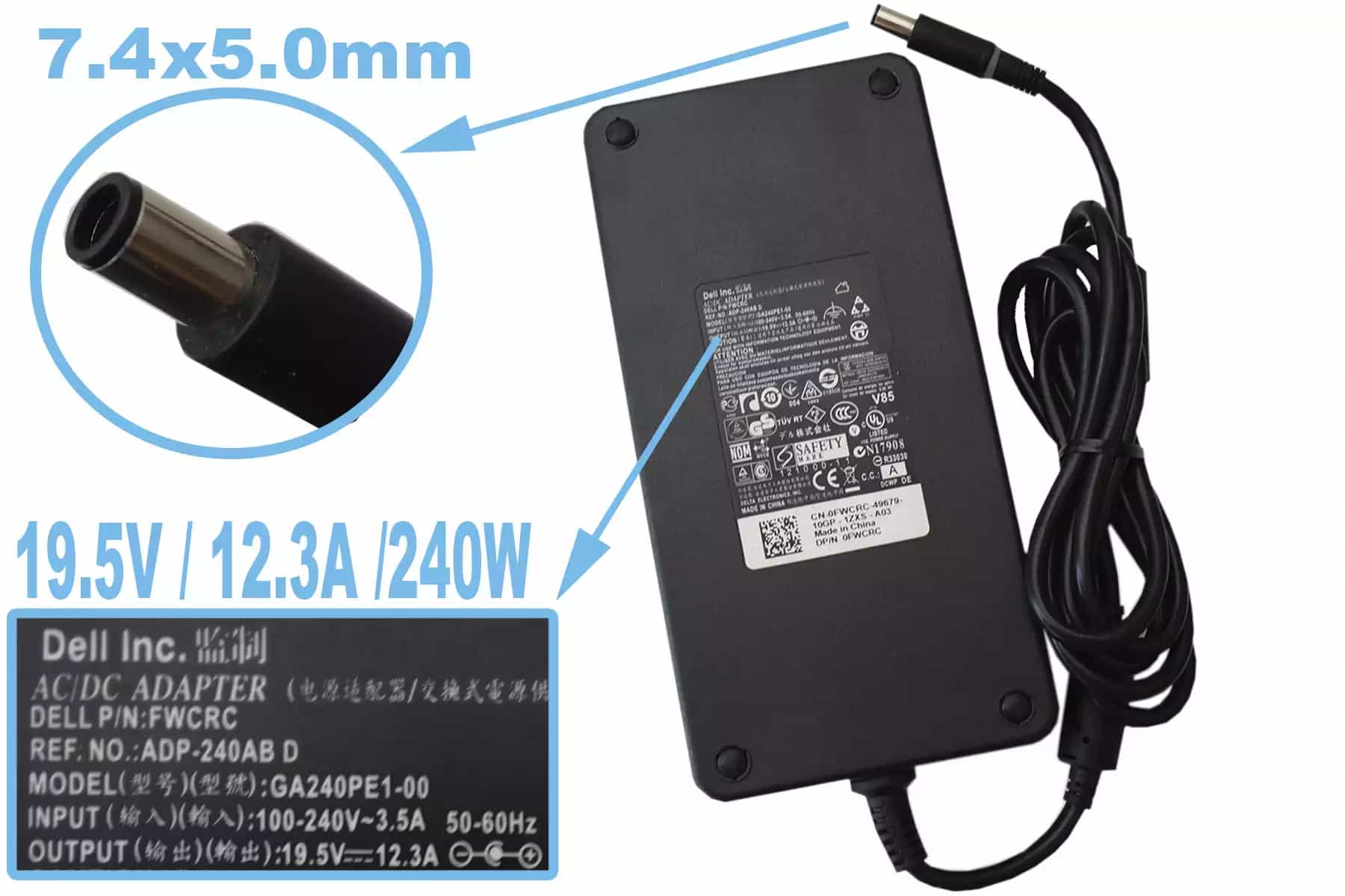 CARGADOR DELL 19.5v/12.3a 12.31a / 240W /7.4x5.0mm PING AGUJA INSIDE *ORIGINAL* PRECISION SERIES M6700, g15 ALIENWARE R15