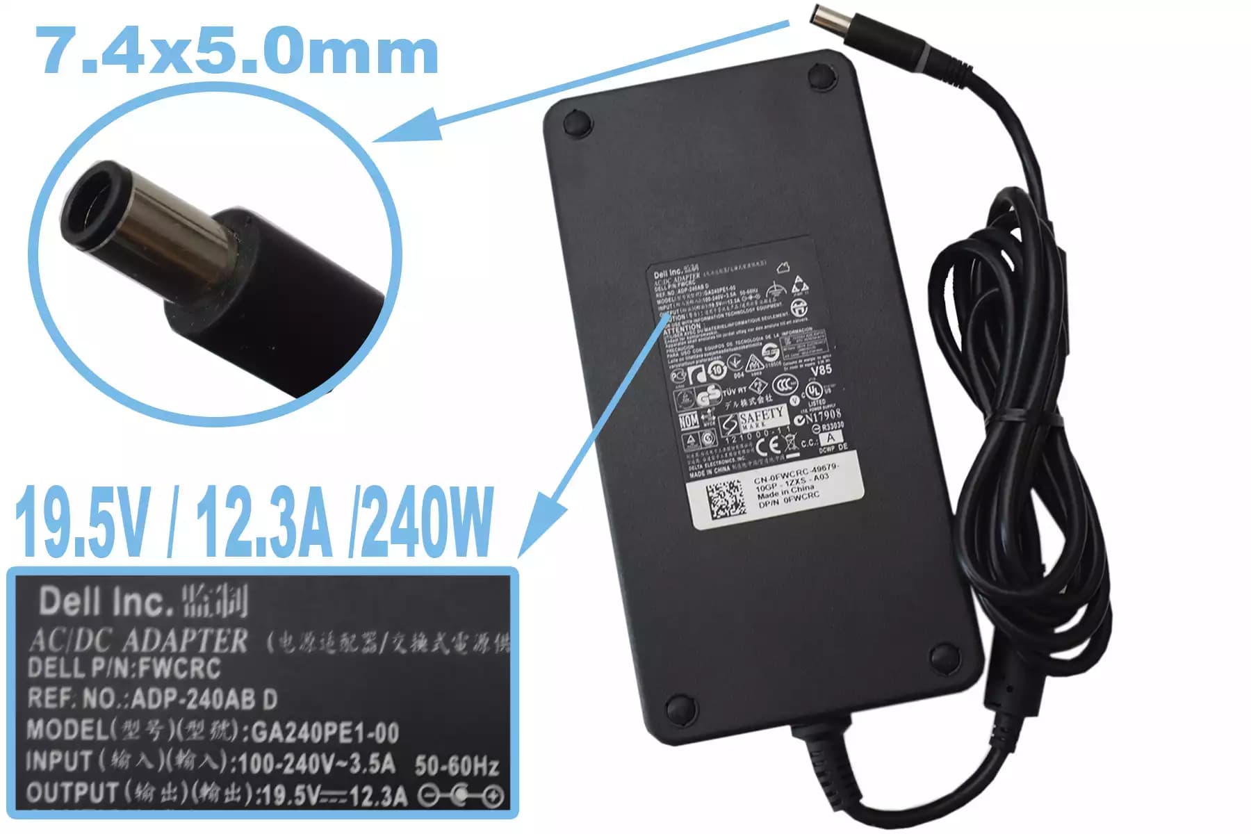 CARGADOR DELL 19.5v/12.3a 12.31a / 240W /7.4x5.0mm PING AGUJA INSIDE *ORIGINAL* PRECISION SERIES M6700, g15 ALIENWARE R15