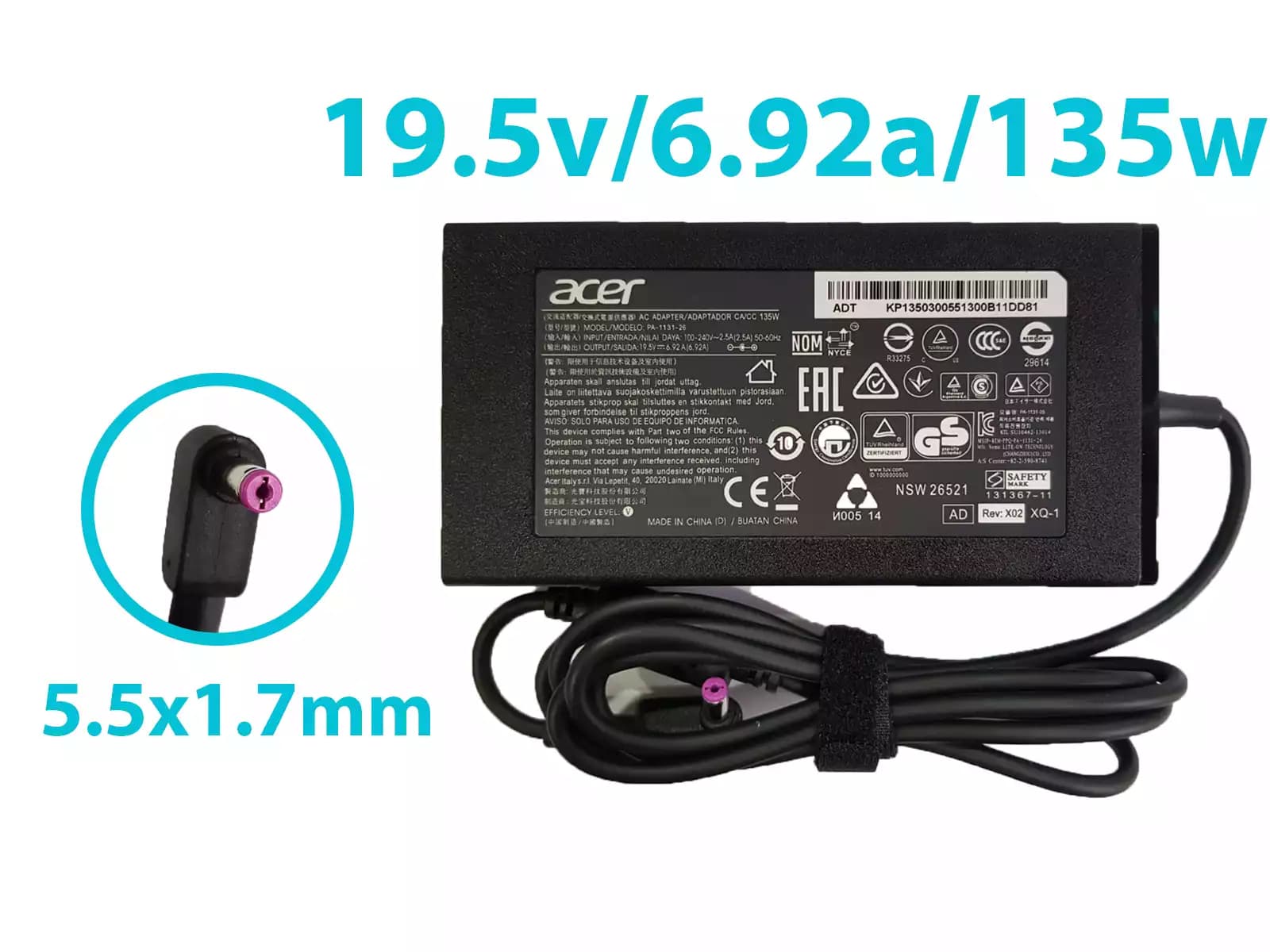 CARGADOR ACER 19.5v/6.92a/135W/5.5x1.7mm PLUG MORADO *ORIGINAL* — imagen 1