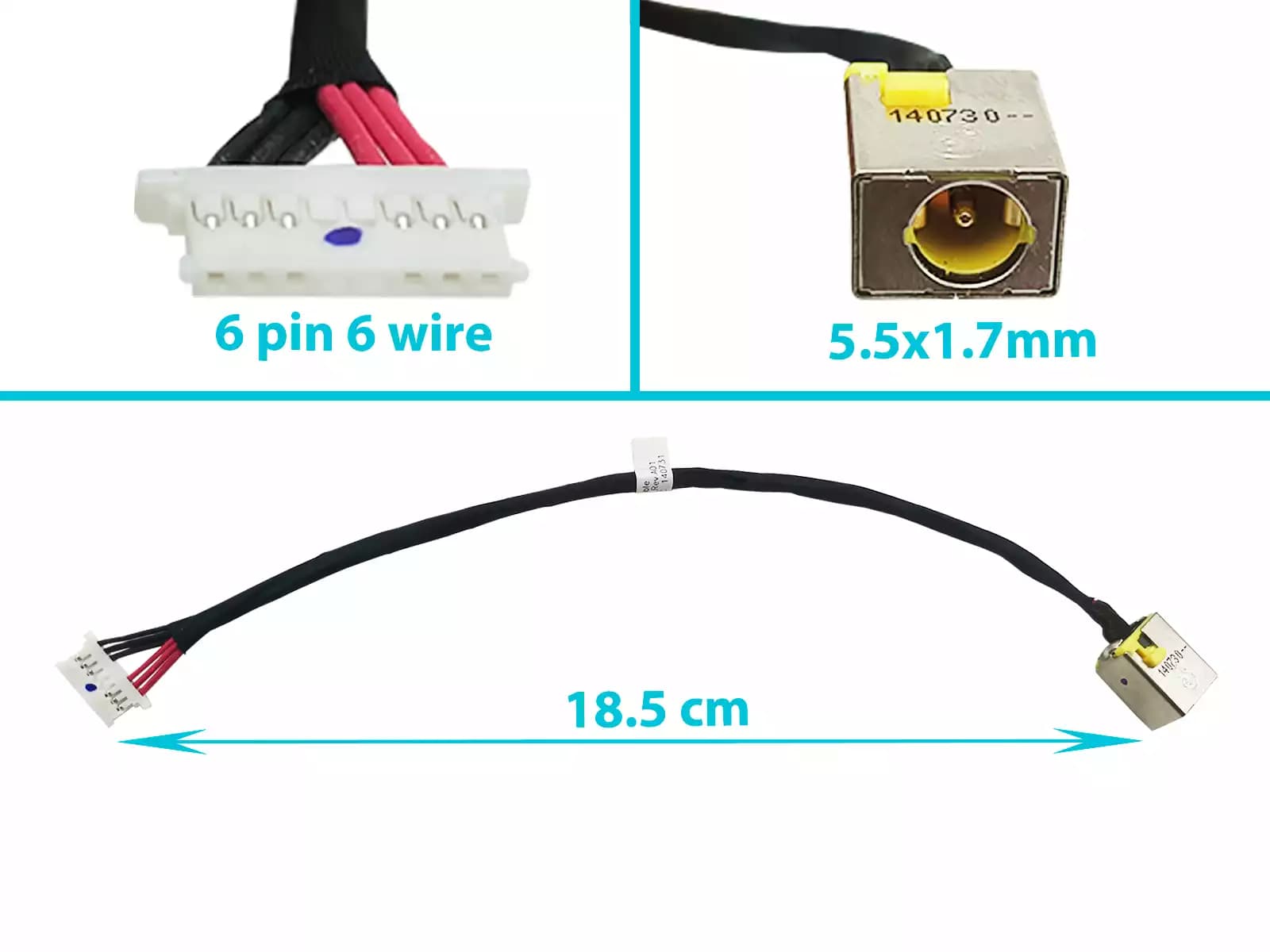 DC JACK ACER ASPIRE E1-522 CON CABLE LARGO 18.5 CM 6 PINES — imagen 1