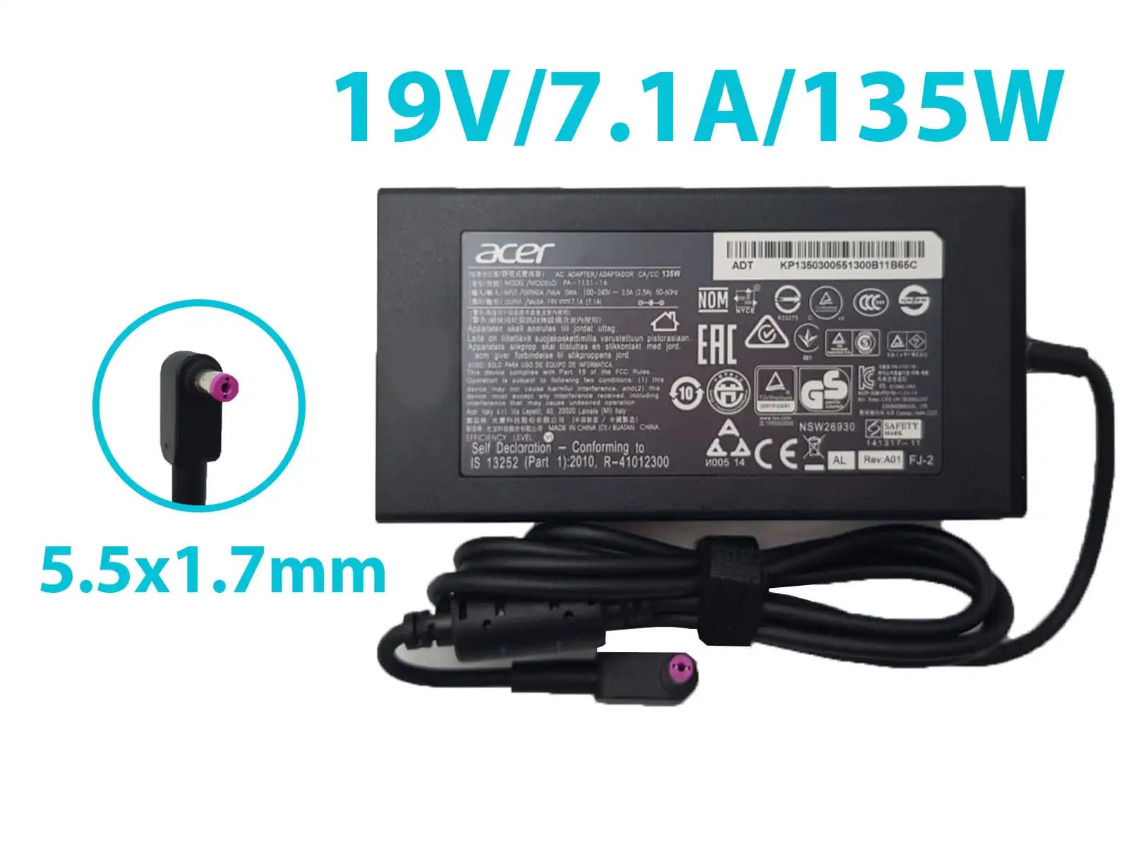 CARGADOR ACER 19v/7.1/135W/5.5x1.7mm *ORIGINAL* — imagen 1