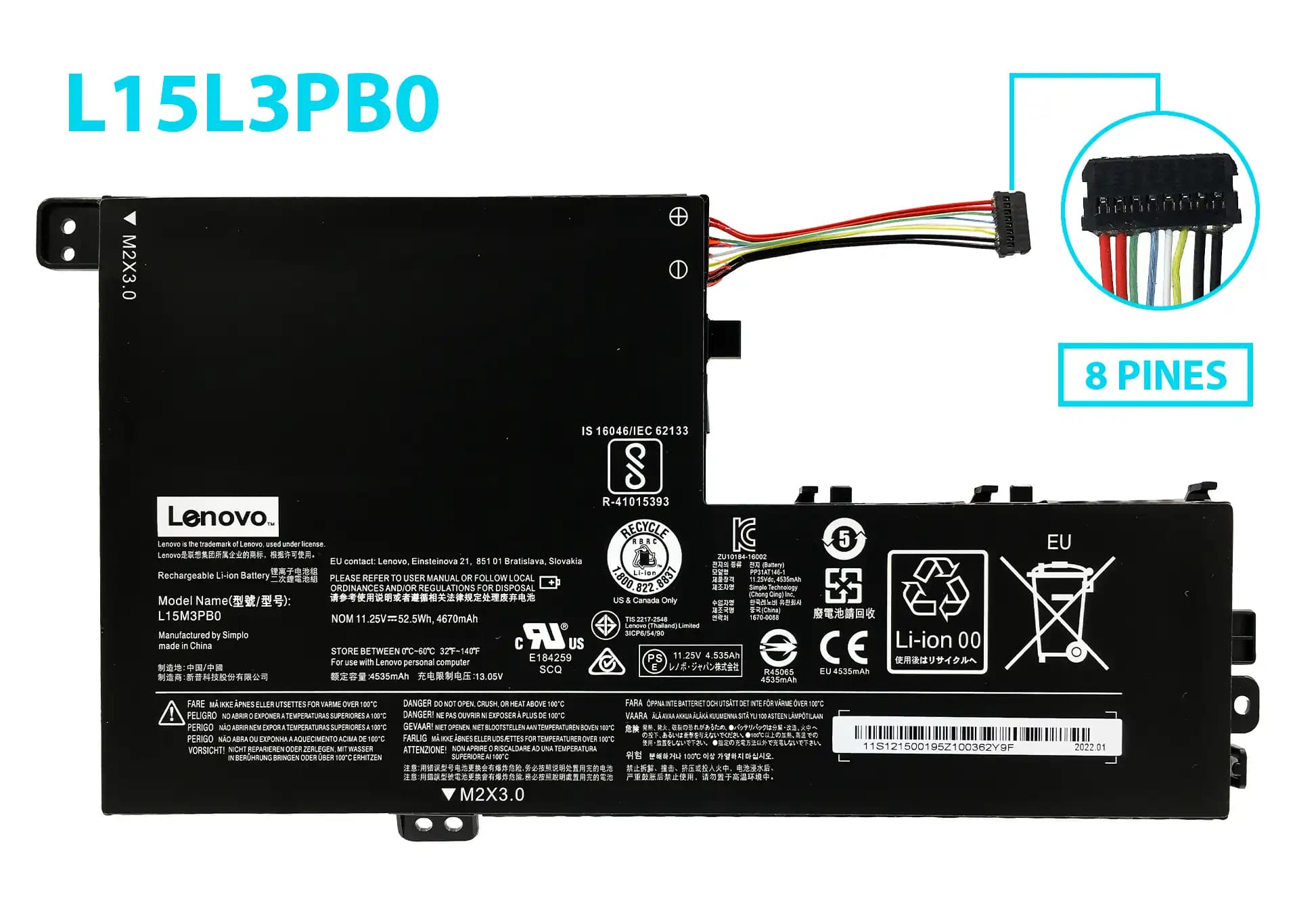 BATERIA LENOVO L15L3PB0 TYP 11.25V-52.5Wh, 4670mAh INTERNA 8 PINES TYPE A *ORIGINAL* — imagen 1