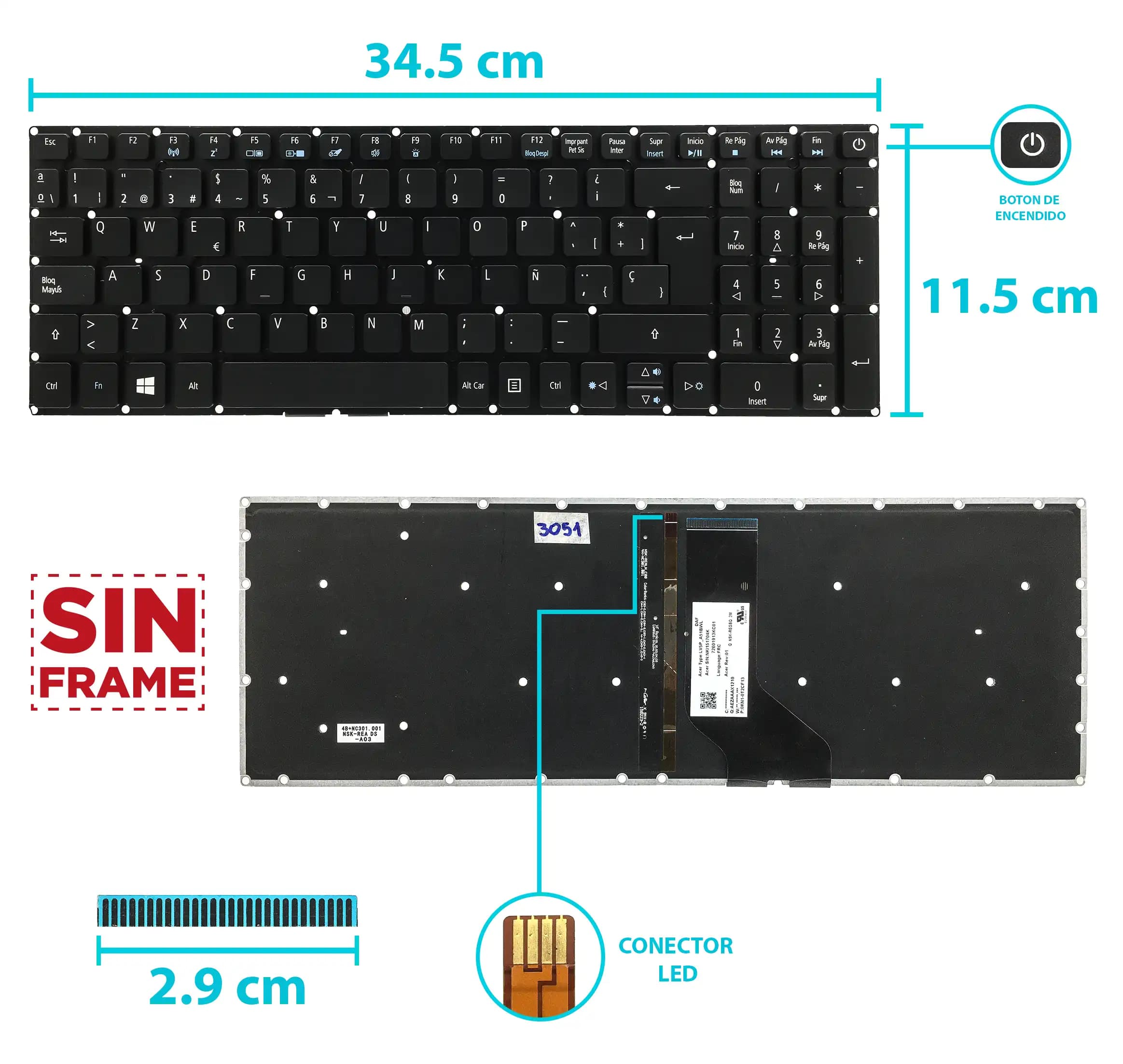 TECLADO ACER ES1-523 ES1-523G ES1-533 ES1-572 F5-521 CON BACKLIGTH SIN FRAME BOTTON POWER SP NUMÉRICO — imagen 1