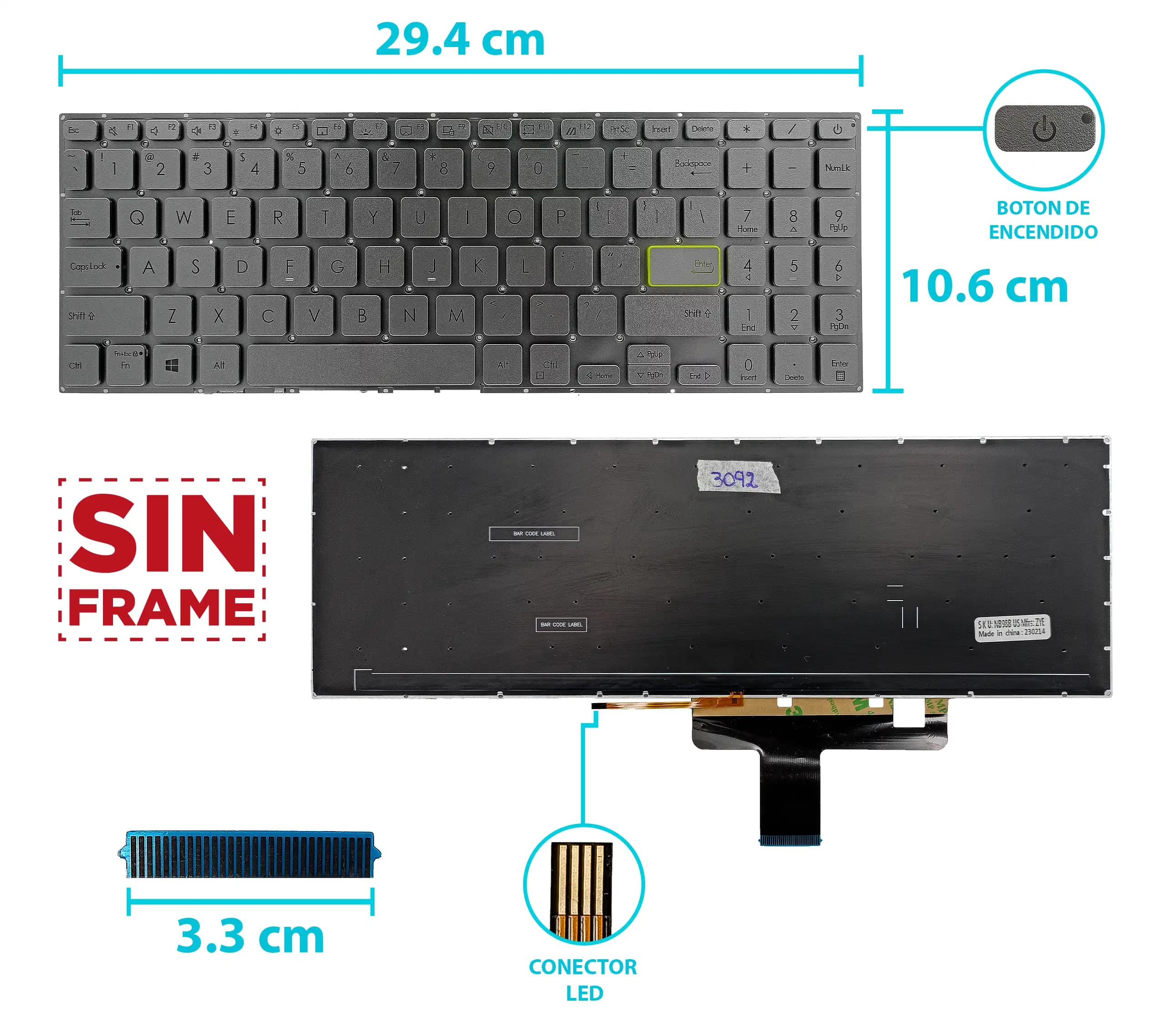 TECLADO ASUS S533F S533FA S533FL S533JQ SILVER CON BACKLIGTH SIN FRAME US NUMÉRICO — imagen 1
