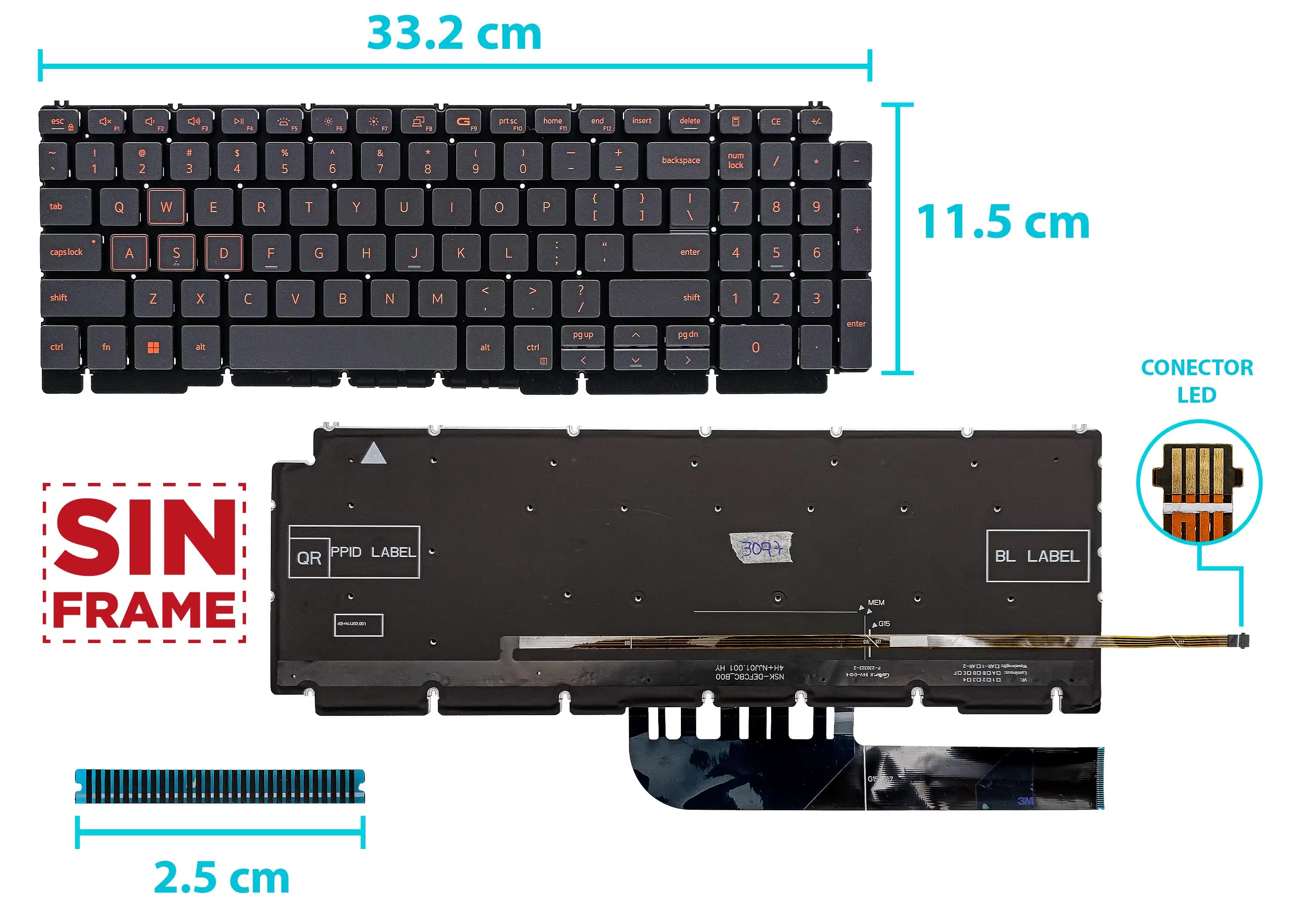 TECLADO DELL G15 5510 5511 5515 5520 0H4XRJ CON BACKLIGTH SIN FRAME BOTTON POWER EN LA LAPTOP US NUMÉRICO — imagen 1