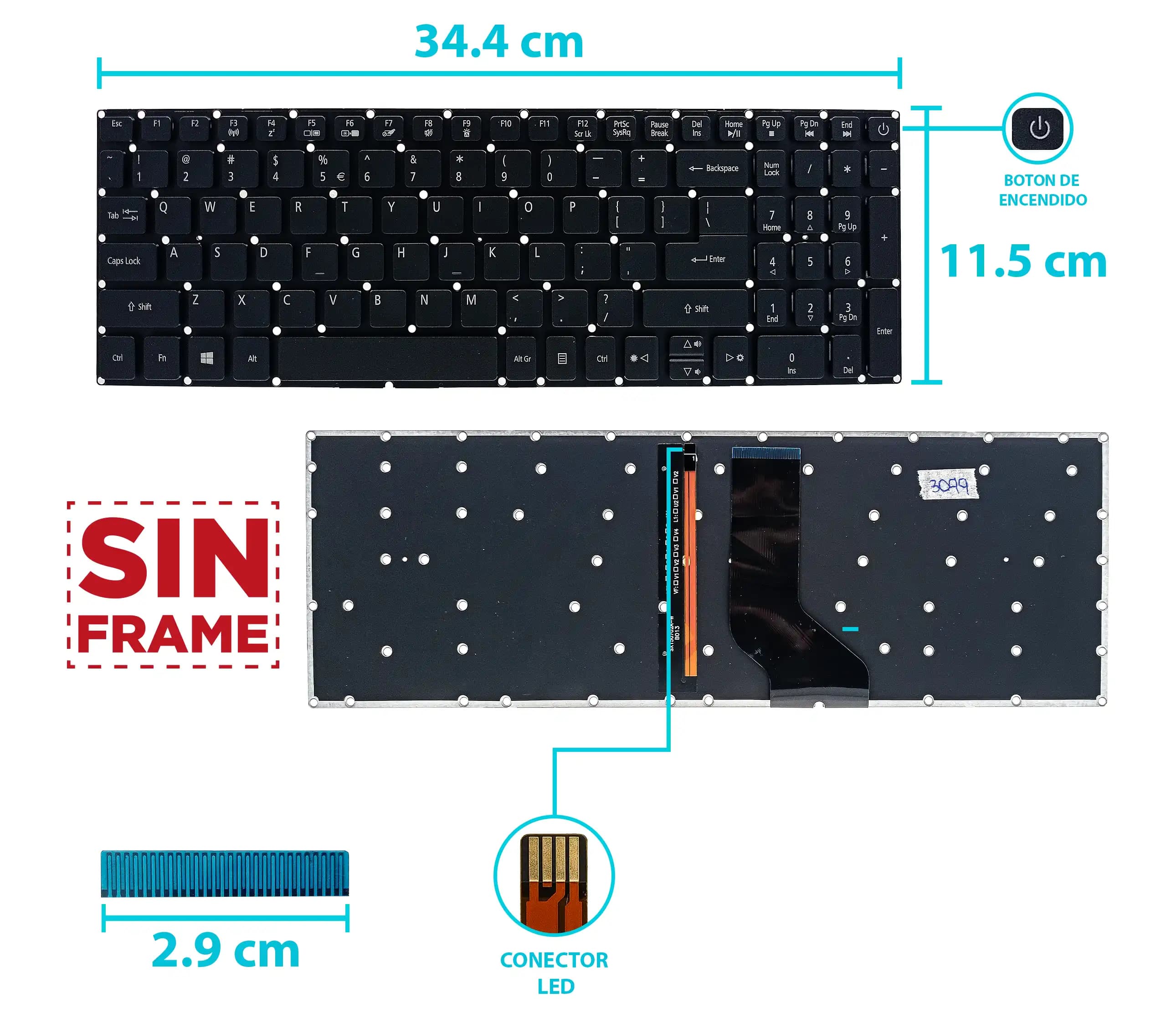 TECLADO ACER ES1-523 ES1-523G ES1-533 ES1-572 F5-521 CON BACKLIGTH SIN FRAME BOTTON POWER US NUMÉRICO — imagen 1