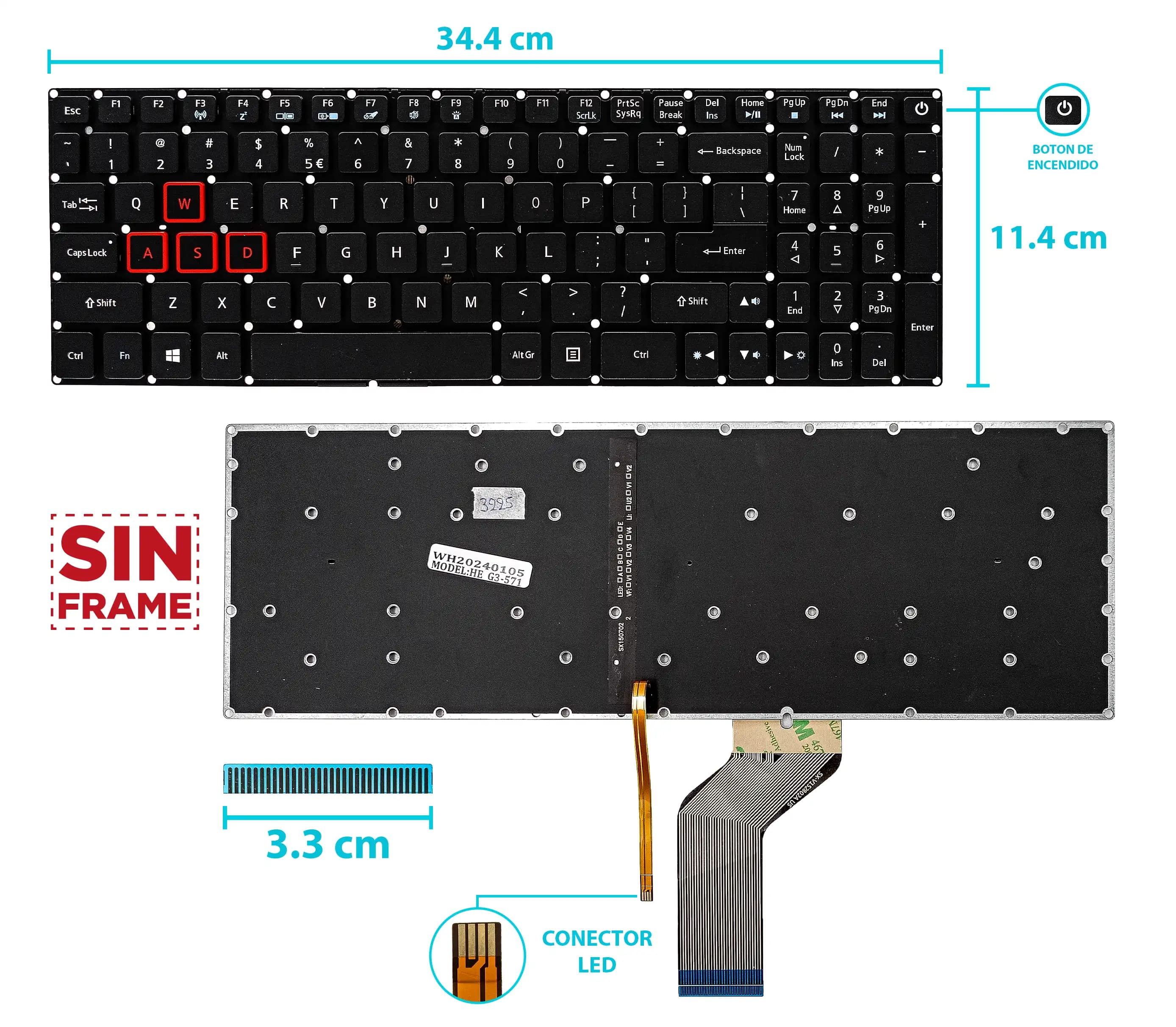 TECLADO ACER PREDATOR HELIIOS 300 G3-571 G3-572 G3-572-72Y ES1-523 ES1-523G ES1-533 ES1-572 F5-521 CON BACKLIGTH SIN FRAME BOTTON POWER US NUMÉRICO VERSION GAMER — imagen 1