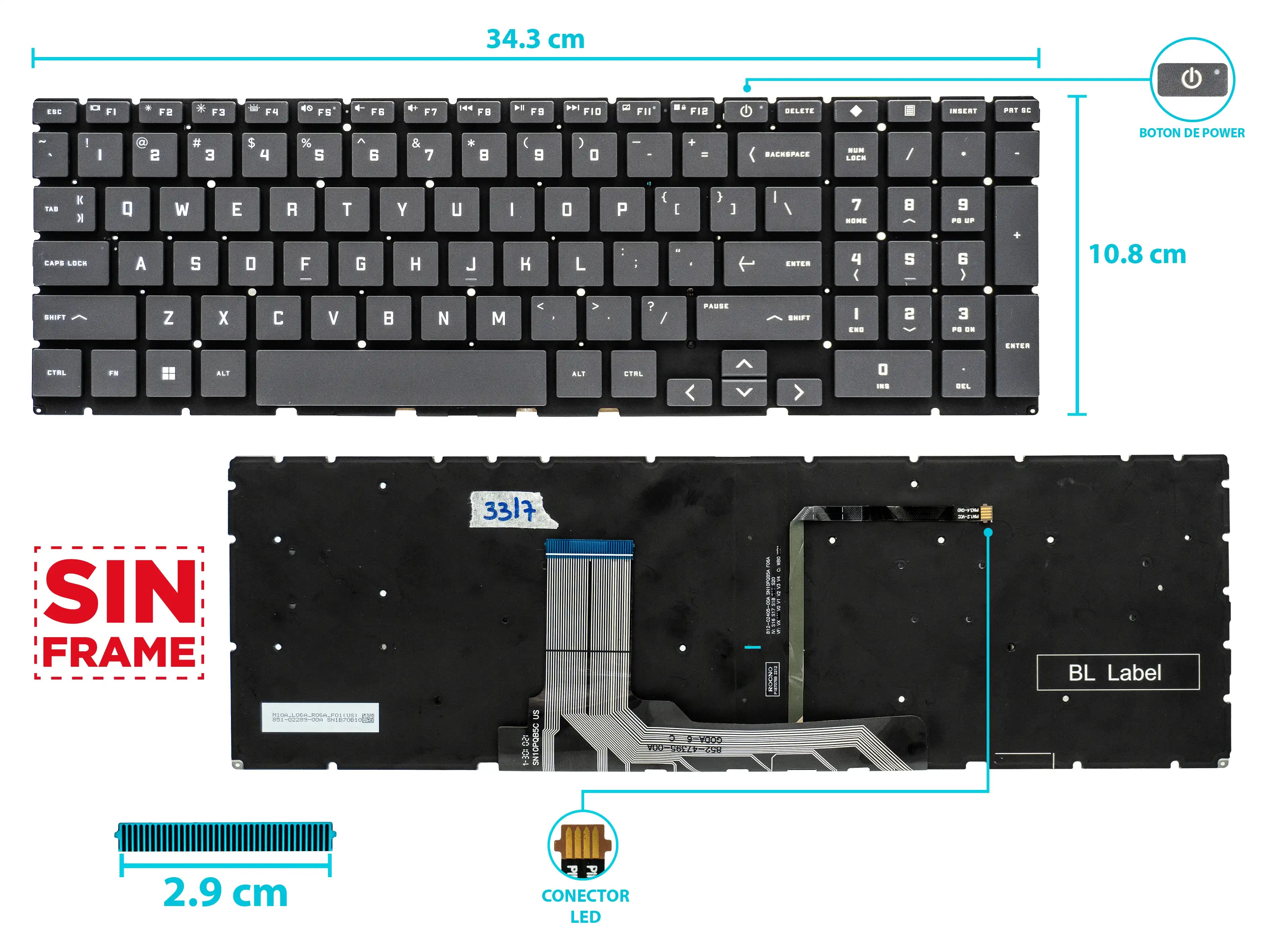 TECLADO HP VICTUS 15 15-FA0031DX 15-FA0032DX 16 16-D0013DX 16-D0030NR 16T-D000 CON BACKLIGTH BOTON POWER SIN FRAME US NUMÉRICO