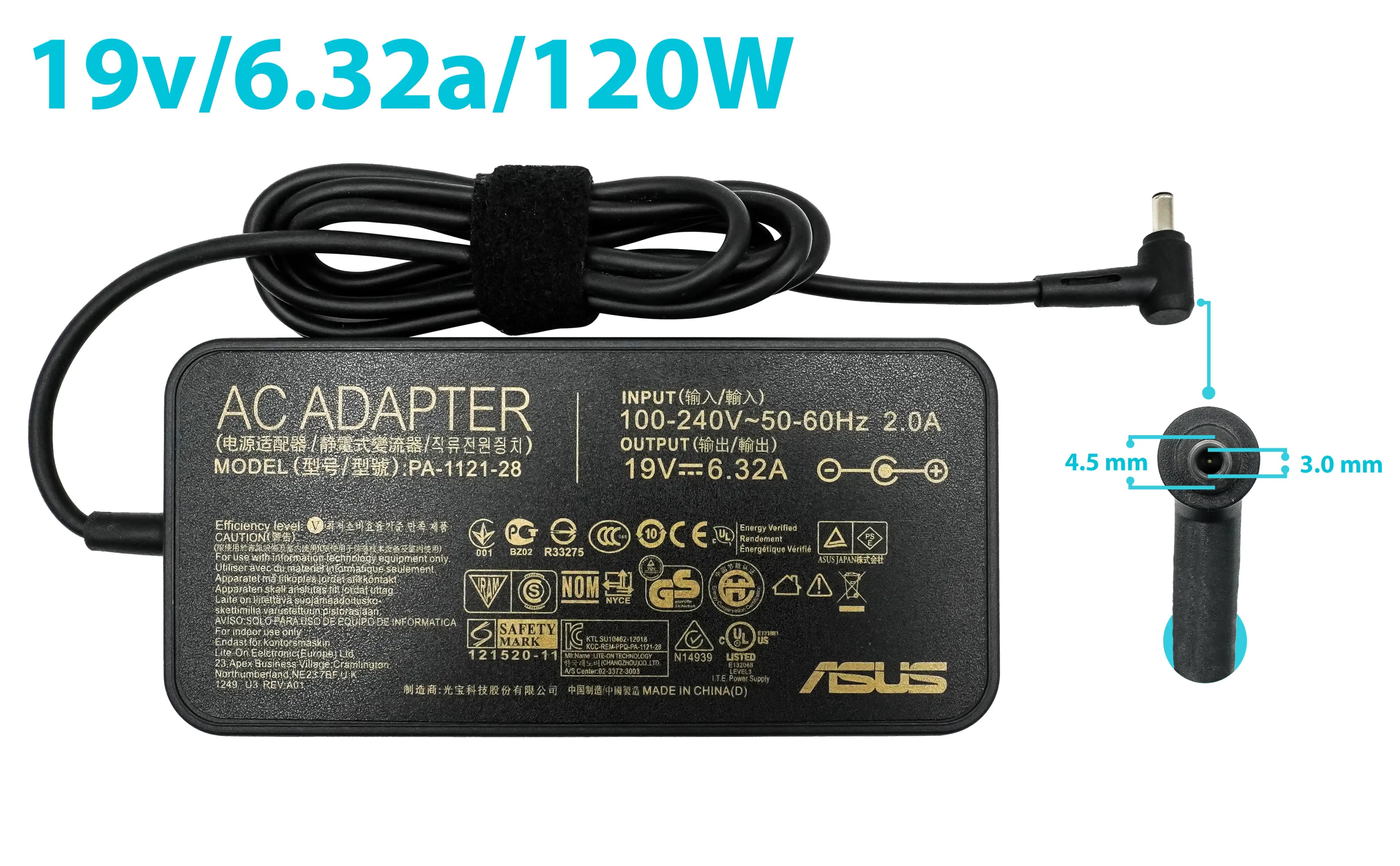 CARGADOR ASUS 19v/6.32a/120W/4.5x3.0mm PLUG NEGRO *ORIGINAL* — imagen 1