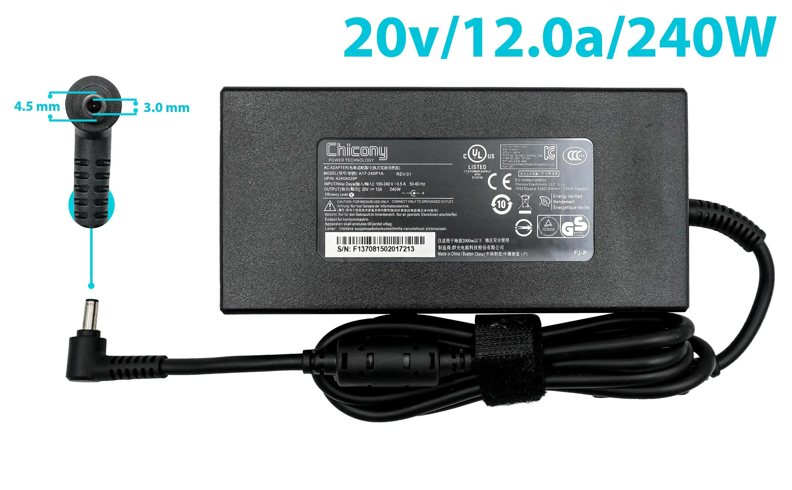 CARGADOR CHICONY DELTA 20v/12.0a/240W/4.5x3.0mm PLUG NEGRO *ORIGINAL* — imagen 1