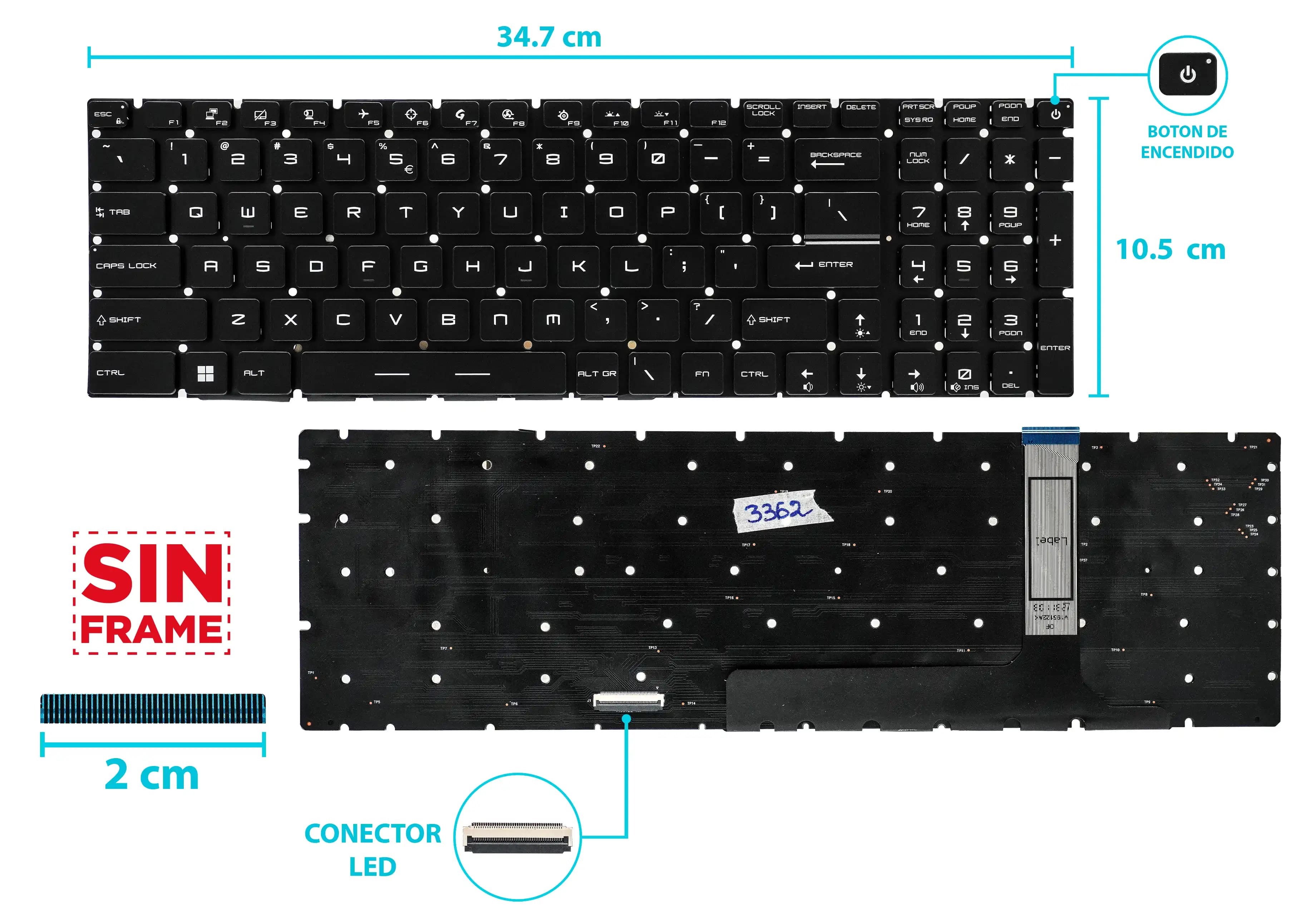 TECLADO MSI GE76 RAIDER 10UG 10UH 11UH GP76 MS-17K4 BOTTON POWER CON BACKLIGTH SIN FRAME US NUMÉRICO — imagen 1