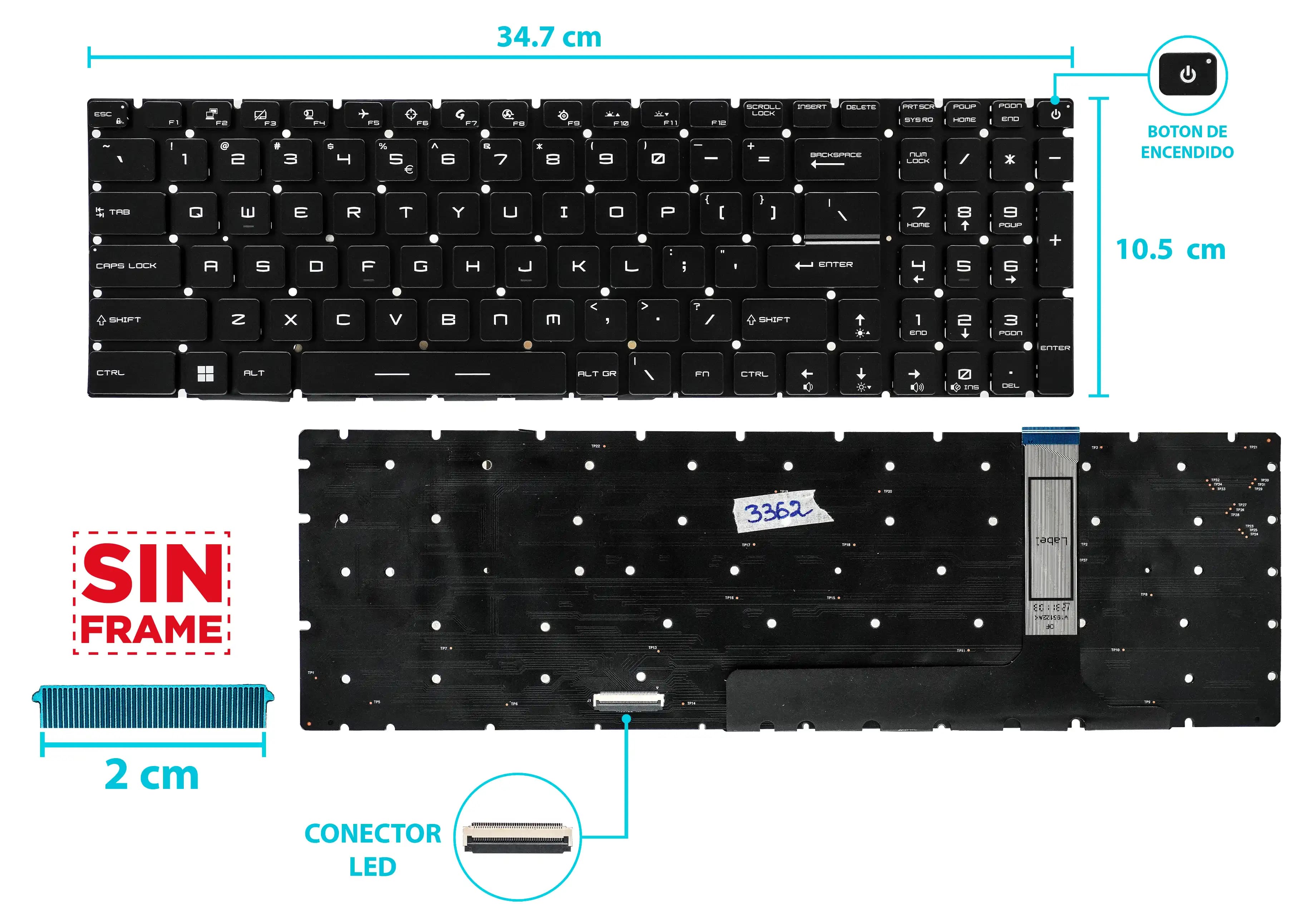 TECLADO MSI GE76 RAIDER 10UG 10UH 11UH GP76 MS-17K4 BOTTON POWER CON BACKLIGTH SIN FRAME US NUMÉRICO — imagen 2