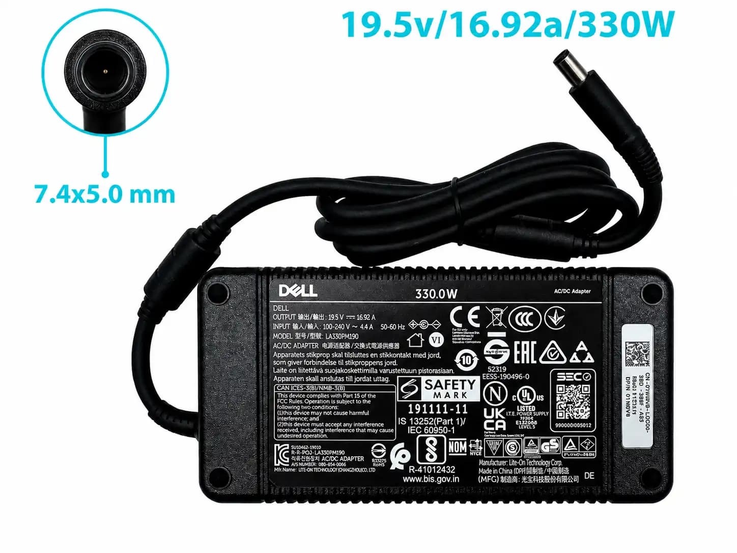 CARGADOR DELL 19.5v/16.92a/330W/7.4x5.0 mm PLUG AGUJA MINI *ORIGINAL* — imagen 1
