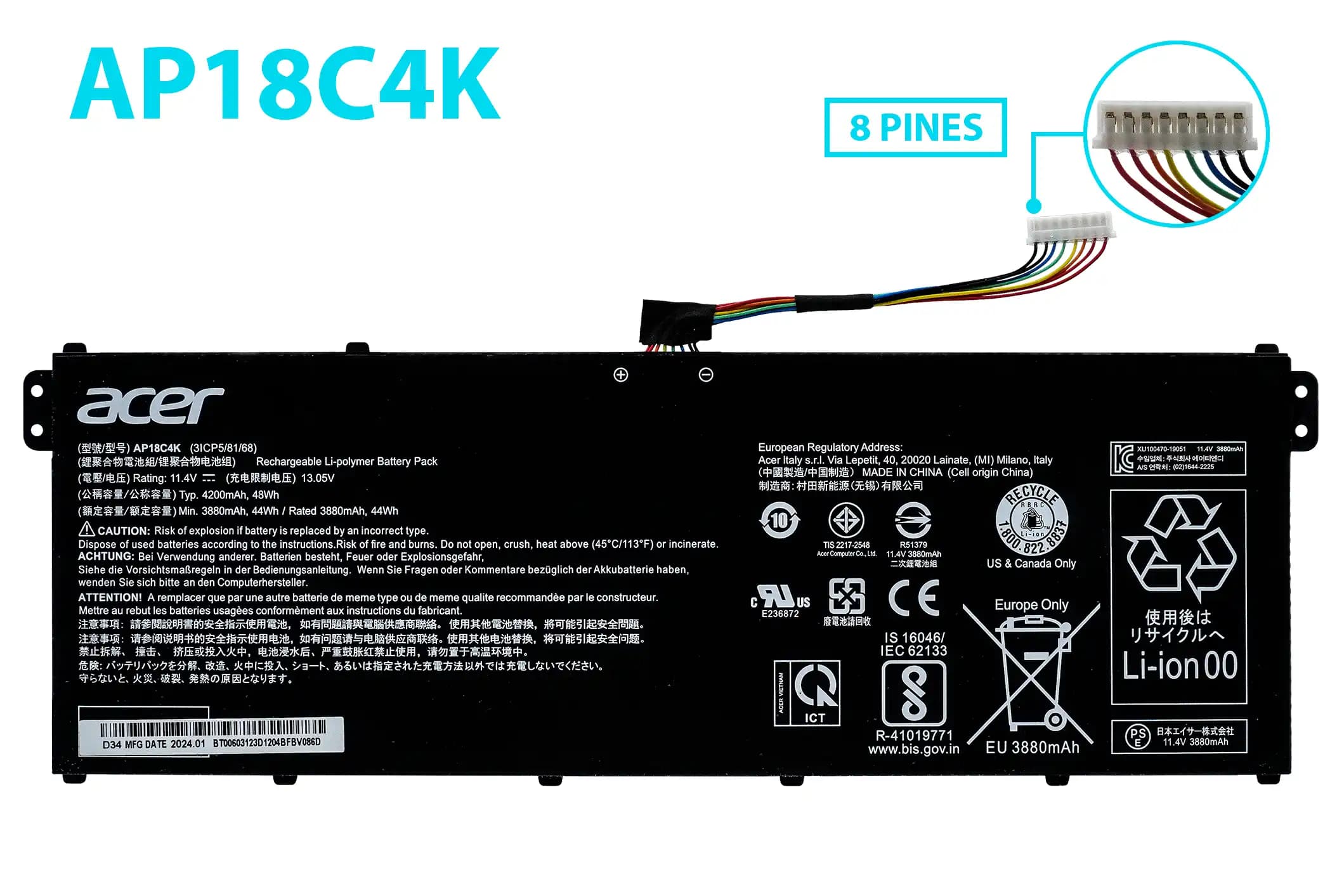 BATERIA ACER AP18C4K AP18C8K 5 A514-52G,A514-54,A515-44,A515-56, — imagen 1